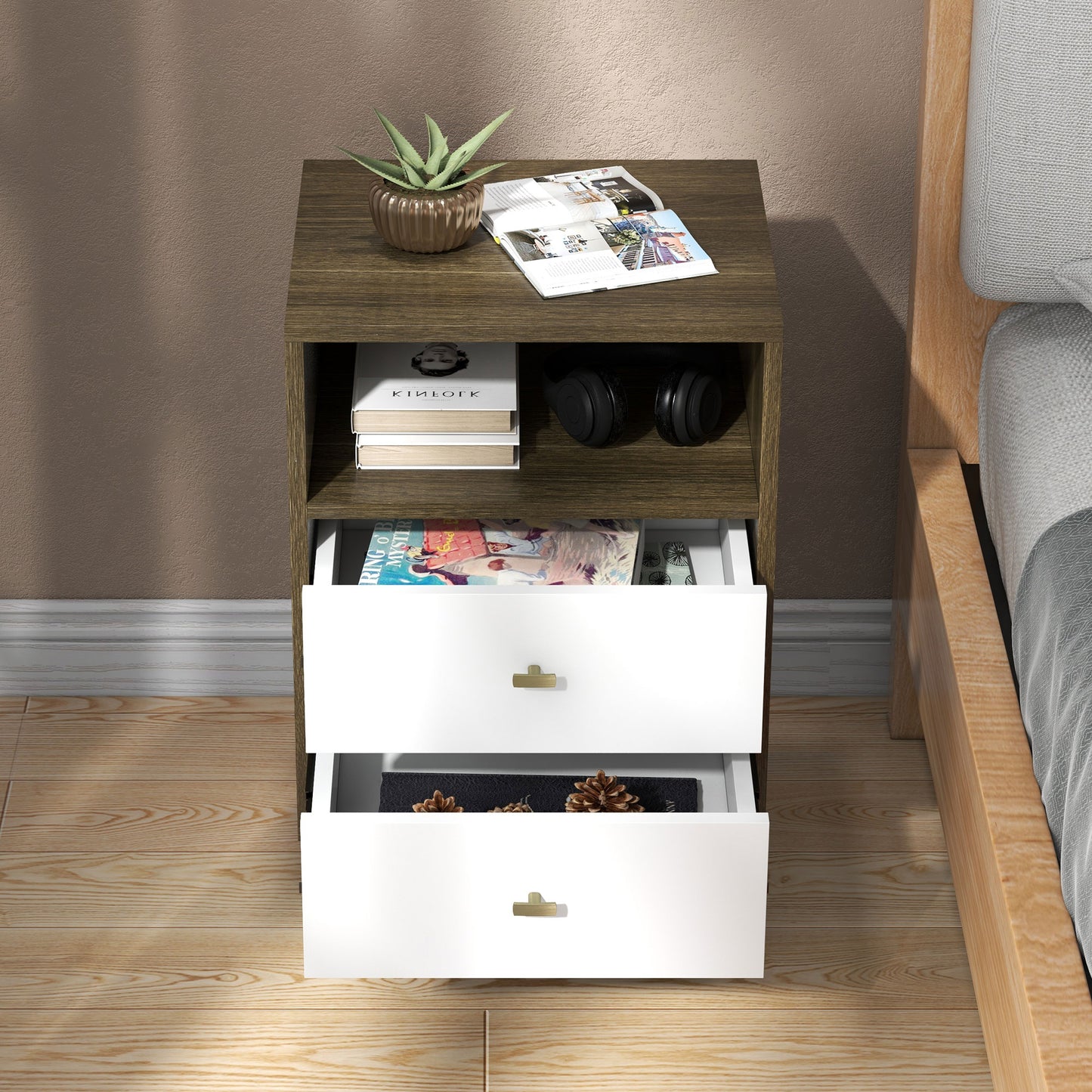 HOMCOM Industrial-Scandinavian Mix Bedside Table, with Drawers and Shelf
