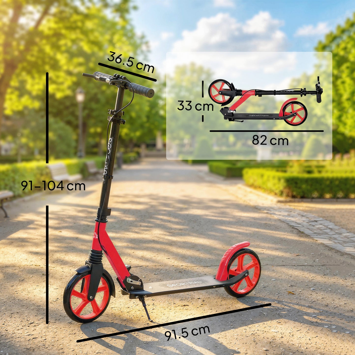 HOMCOM One-click Folding Kick Scooter for 14+ w/ Adjustable Handlebar, Push Scooter with Kickstand, Dual Brake System, Red