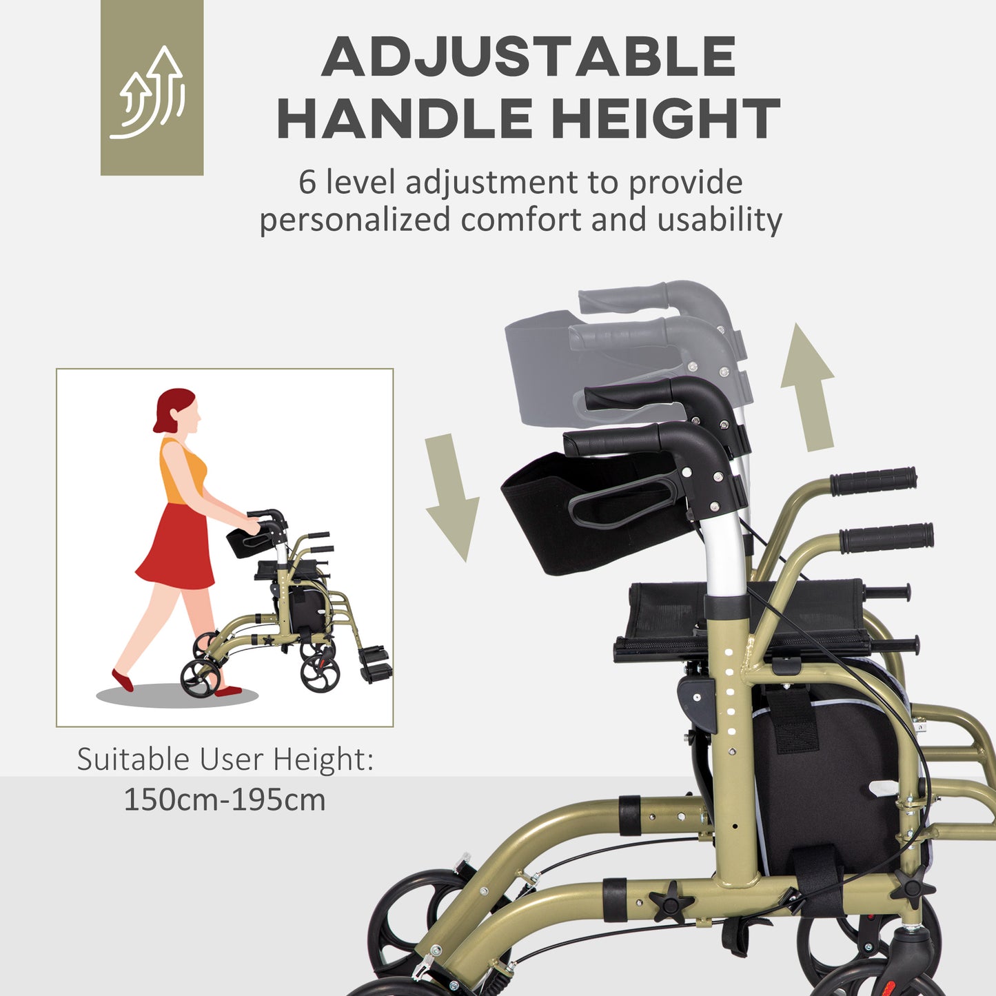 HOMCOM 2-in-1 Wheelchair & Rollator Walker, Footrest, Adjustable Height, Yellow-Green