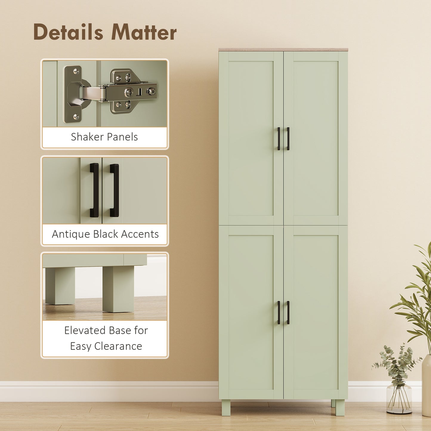 HOMCOM Freestanding Kitchen Cupboard, 4-Door Storage Cabinet with Adjustable Shelves, Modern Kitchen Pantry, 170cm, Green