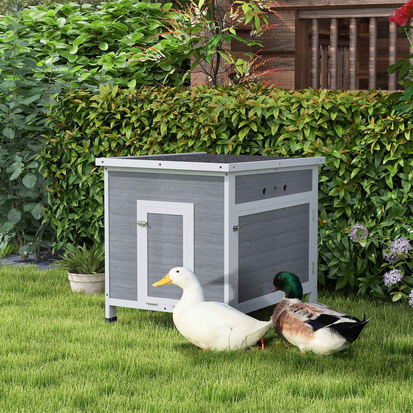 PawHut Wooden Duck House with Ramp, Double Doors, Openable Asphalt Roof, Ventilation Holes, Removable Base, Light Grey