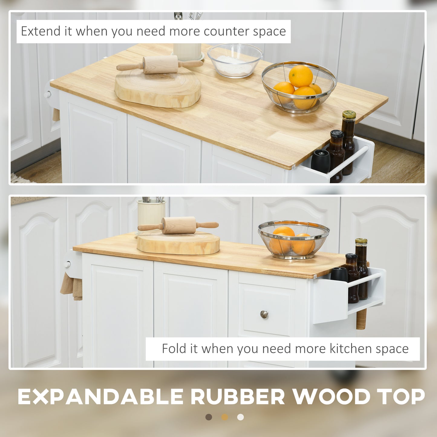 HOMCOM Kitchen Island, Drop Leaf, Wheels, 3 Drawers, Spice & Towel Rack, Rubber Wood Top, Storage Cart, White