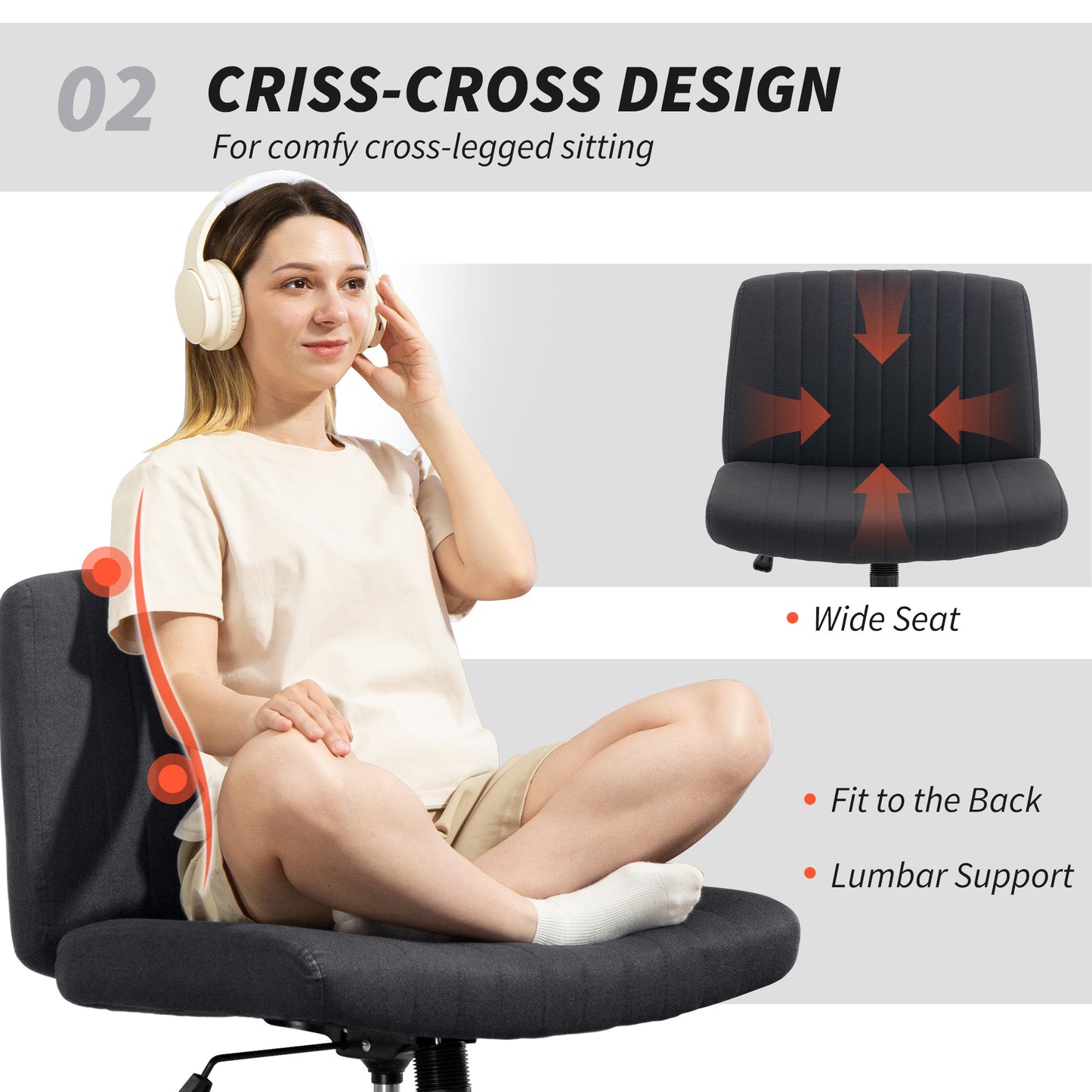HOMCOM Armless Office Chair, Linen Fabric, Criss Cross Legs, Padded, Tilt & Height Adjustable Swivel Seat for Home Office, Black