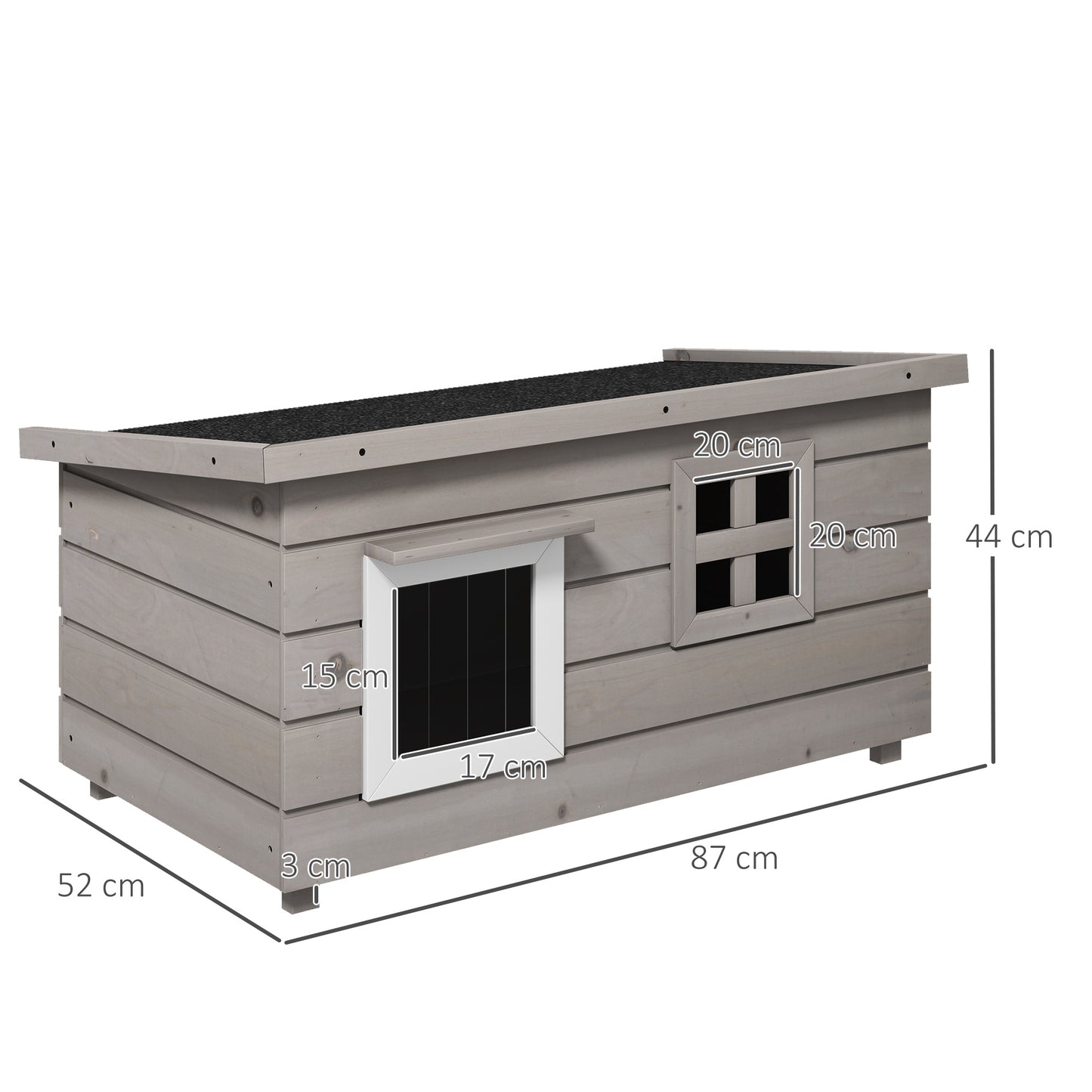 PawHut Wooden Cat House Outdoor, Elevated Cat Shelter Kennel, Pet Play House with Openable Top, Asphalt Roof, Window, Grey