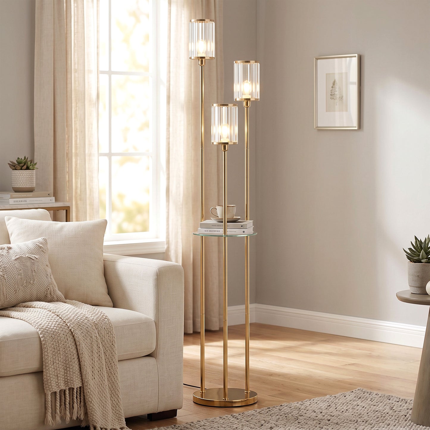 HOMCOM Floor Lamp with Shelves, 3-Light Crystal Standing Lamp with Glass Shades and Foot Switch, Bulbs Not Included, Gold Tone