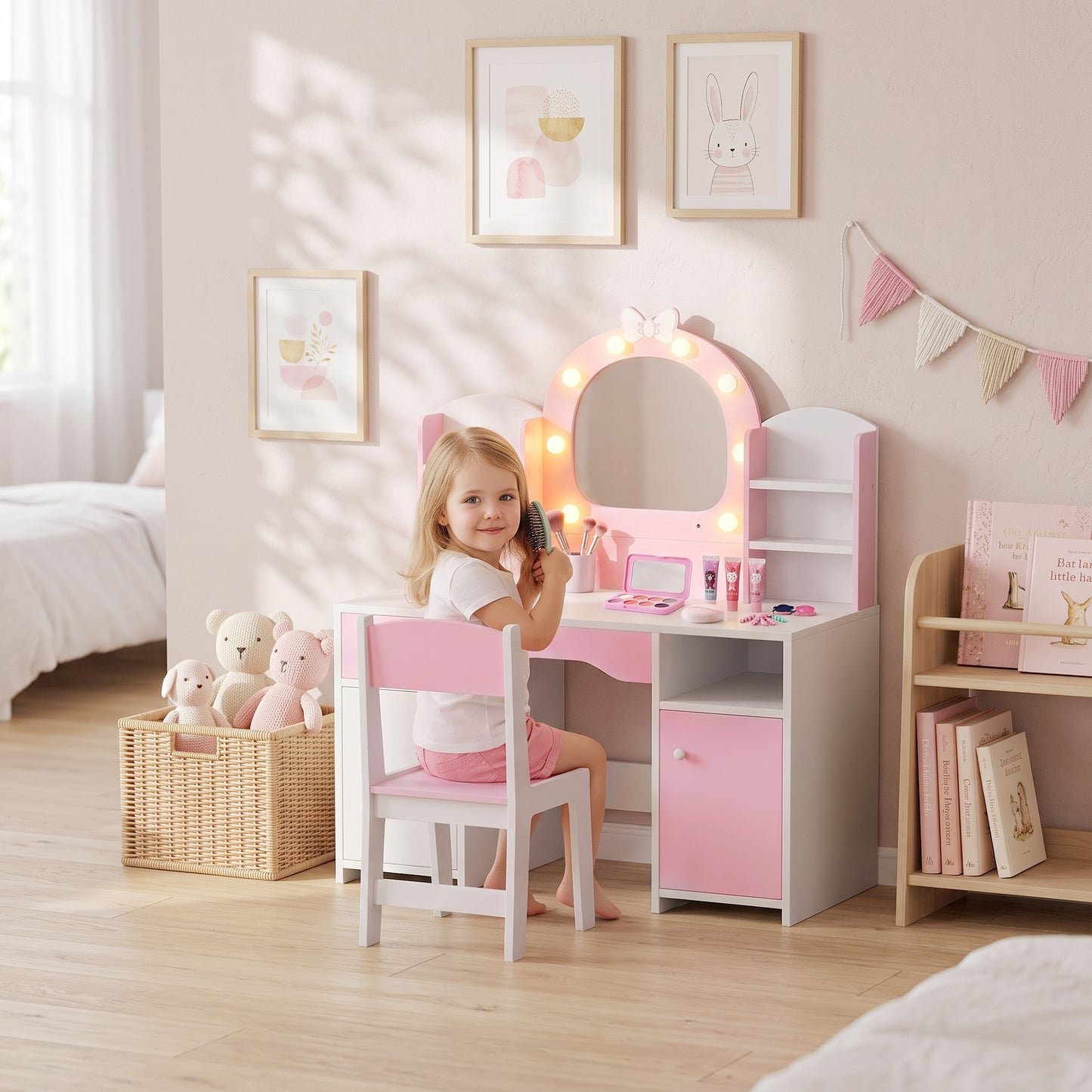 AIYAPLAY Kids Vanity Set, Kids Dressing Table with Stool, 2-Colour Lights Mirror, Cabinet, Drawer and Shelves, Pink