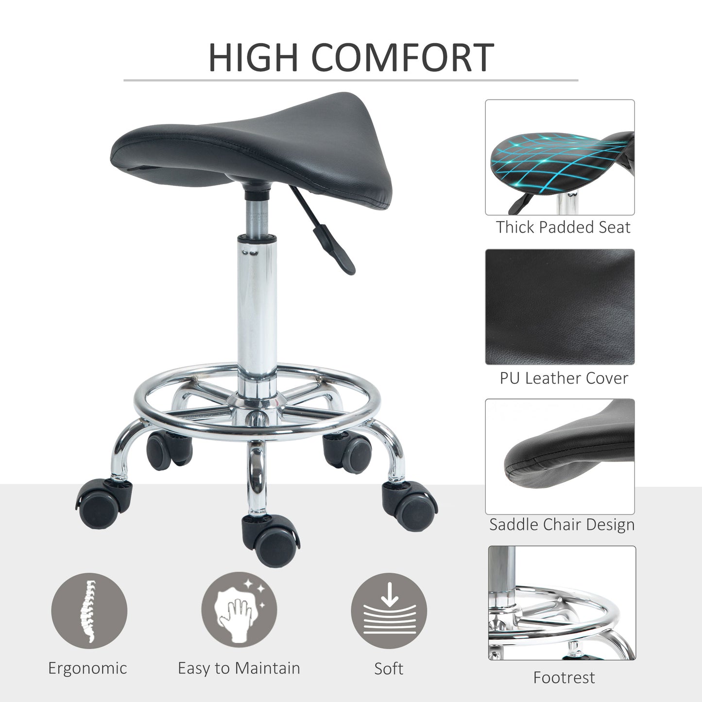 HOMCOM Salon Saddle Stool Rolling Saddle Chair for Massage Spa Clinic Beauty Hairdressing and Tattoo Black