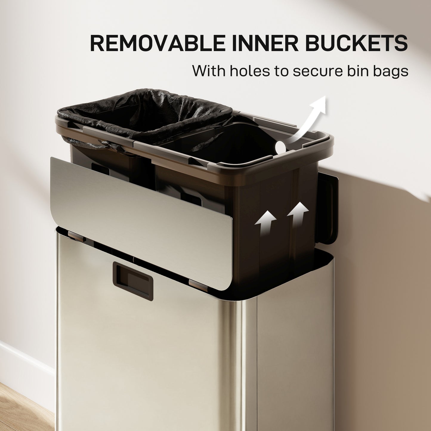 HOMCOM Dual Kitchen Bin, 2x28L Stainless Steel Pedal with Soft-Close Lid & Removable Buckets, Fingerprint-Proof for Recycling, Silver Tone