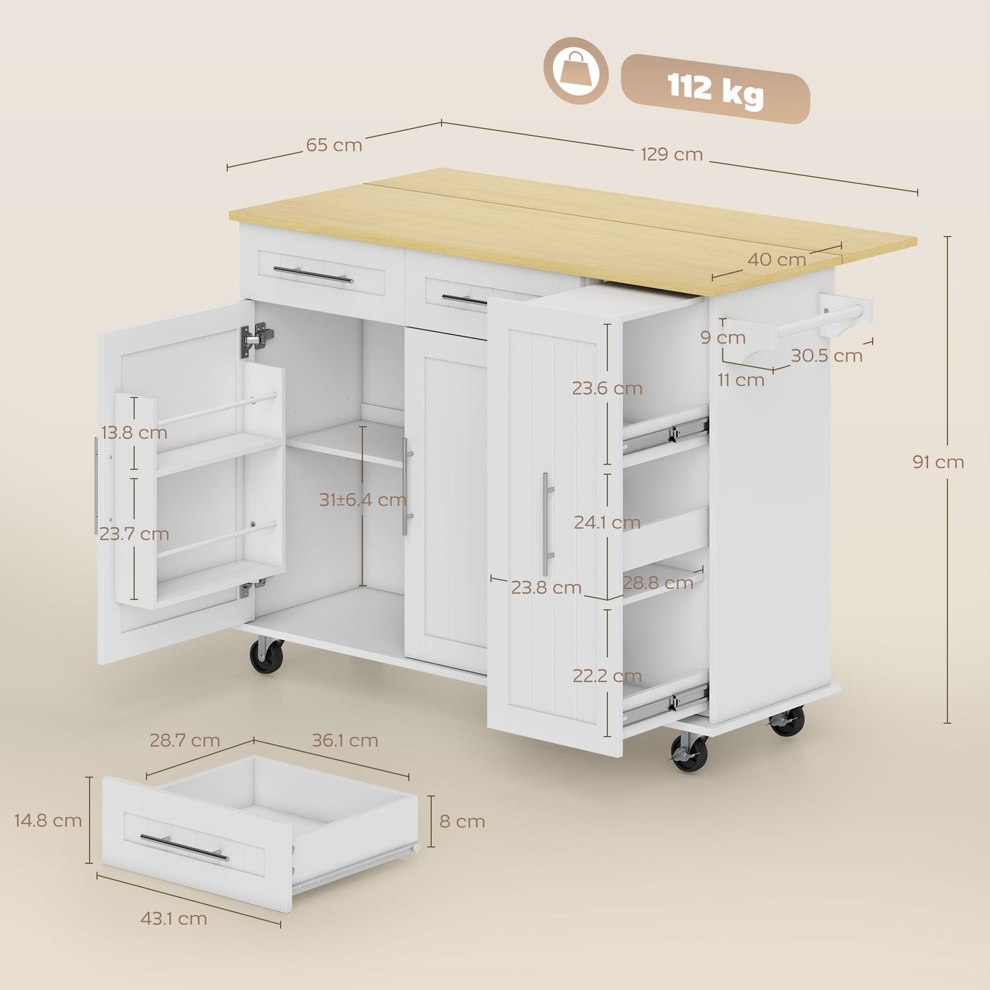 HOMCOM Kitchen Island, Rolling Kitchen Cart with Drop Leaf, Storage Trolley, Pull-out Storage, Drawers and Towel Rack, White