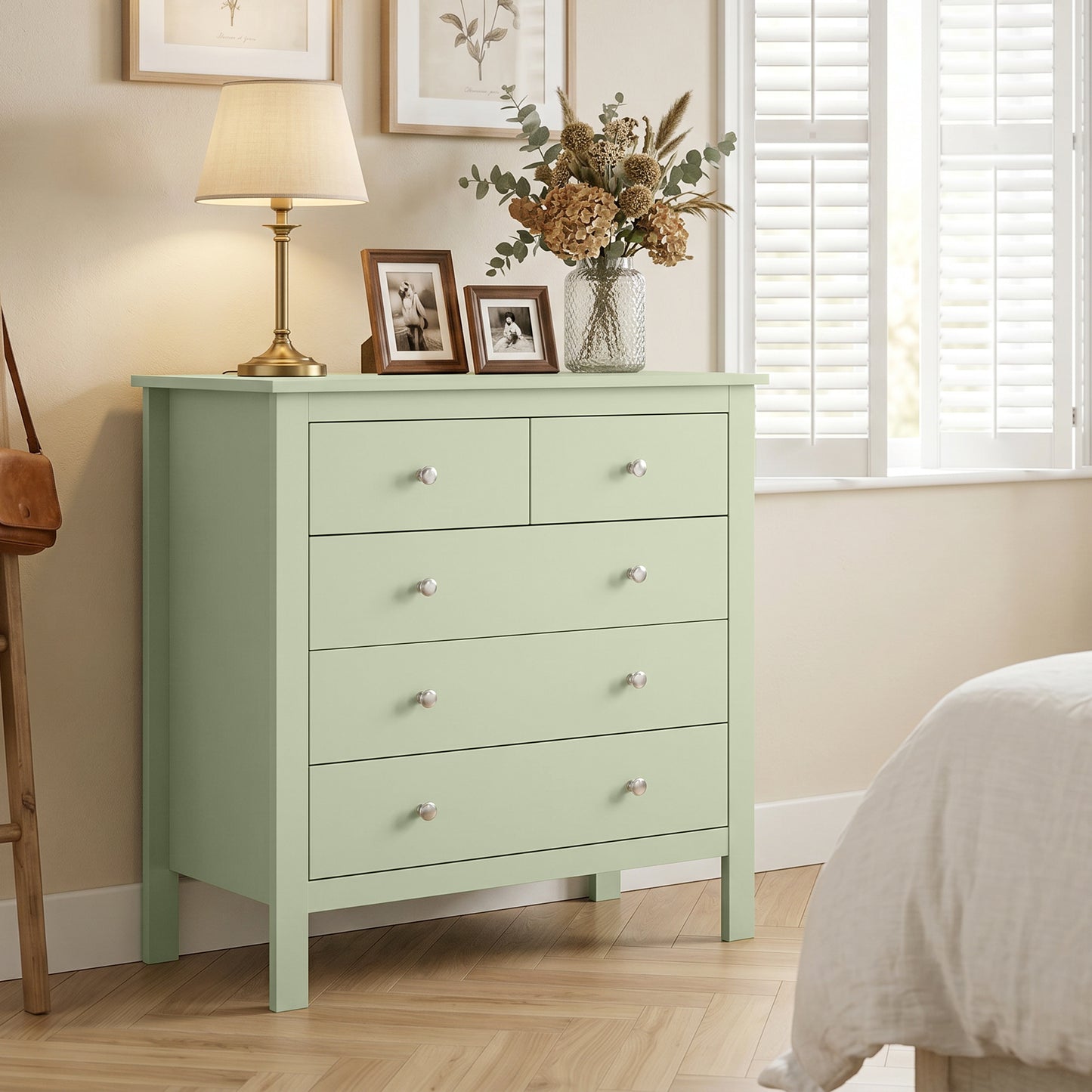 HOMCOM 5 Drawer Chest of Drawers, Sage Green