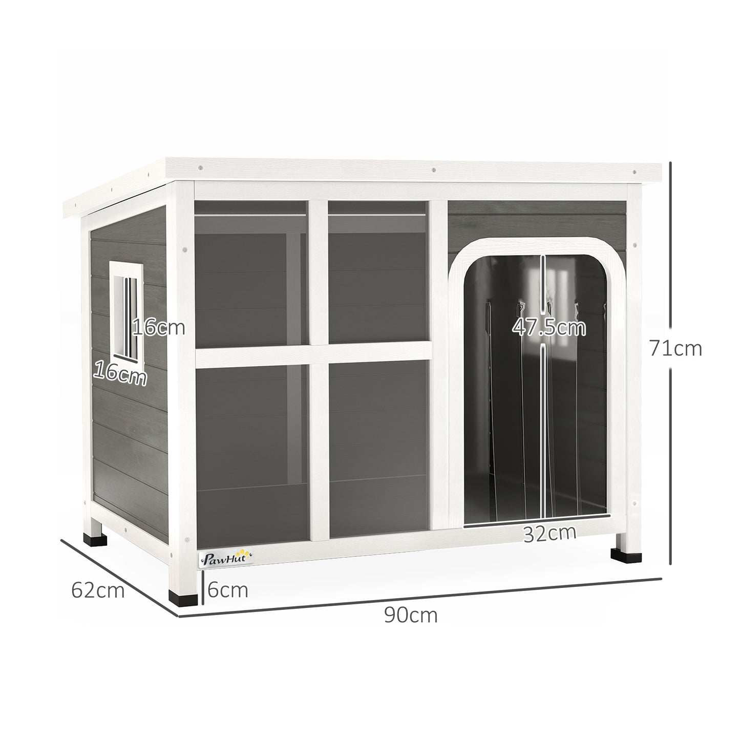 PawHut Wooden Dog House Outdoor with  Asphalt Openable Top, Removable Floor, Clear Front Panel, Curtain, 90 x 62 x 71cm