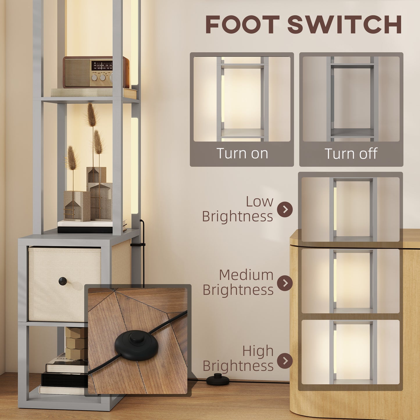 HOMCOM Floor Lamp with Shelves, LED Column Standing Lamp with Fabric Drawer, Adjustable Brightness, Foot Switch, Grey