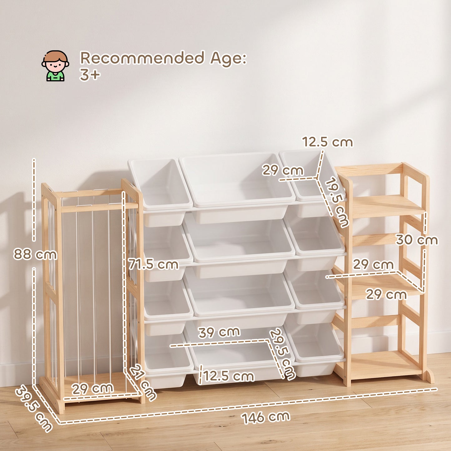 AIYAPLAY Wooden Toy Storage Unit with Stuffed Animal Storage, Bookshelf and 12 Bins for Kids Rooms, Bedroom, Playroom, Nursery