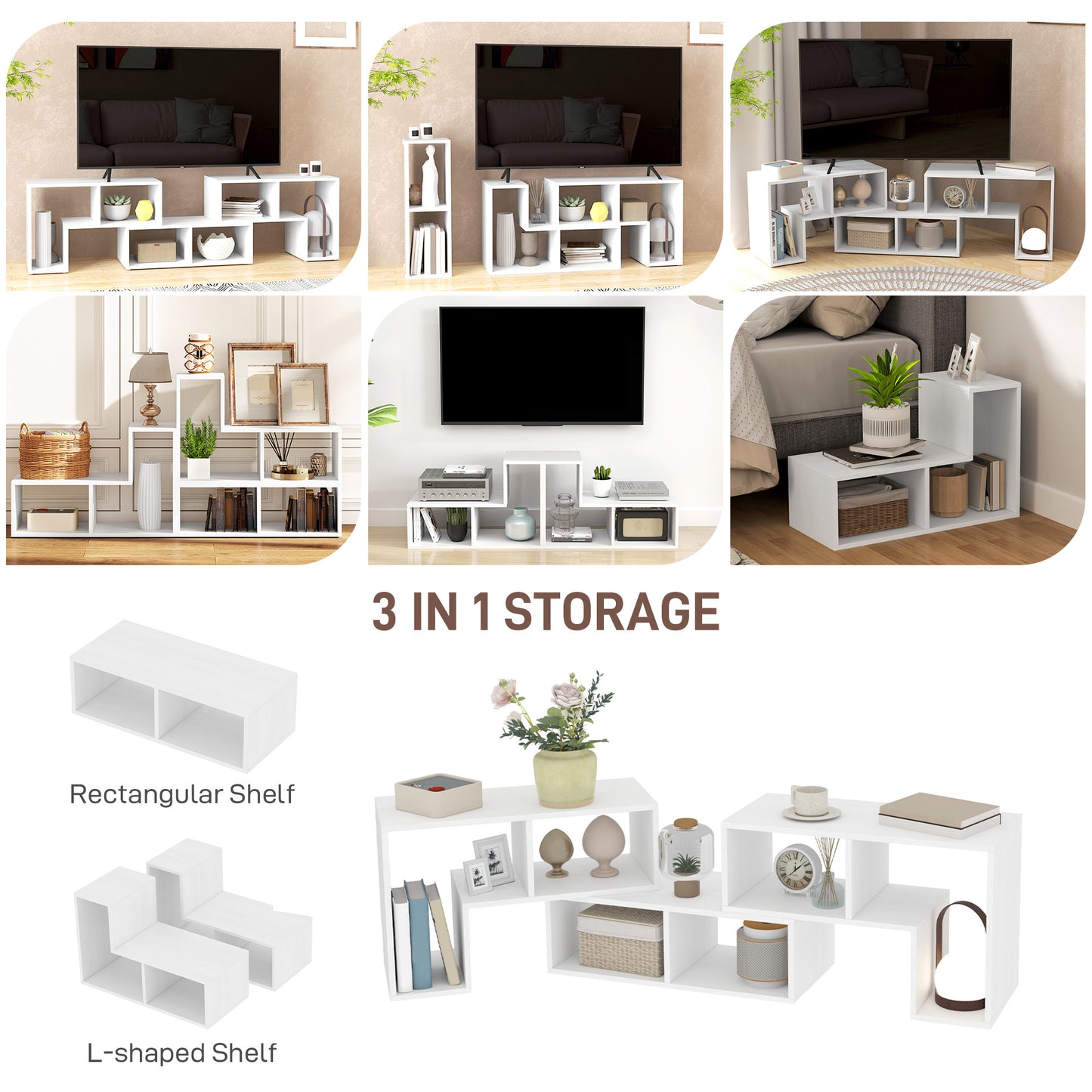 HOMCOM TV Stand for TVs up to 75", Storage Shelves, Extendable Unit, White Wood Grain