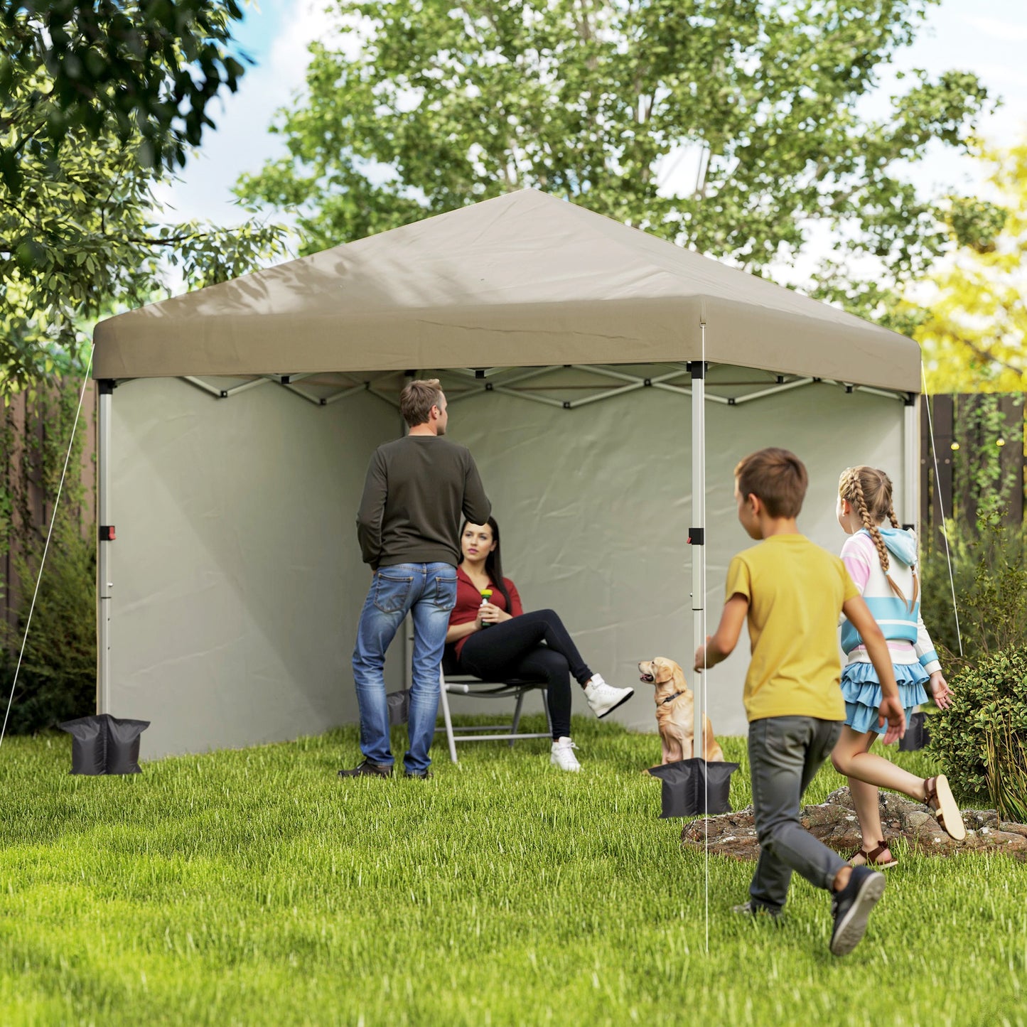 Outsunny 3x3m Pop Up Gazebo, UPF 30+, 2 Sidewalls, Leg Weight Bags & Wheeled Bag, Adjustable, Khaki