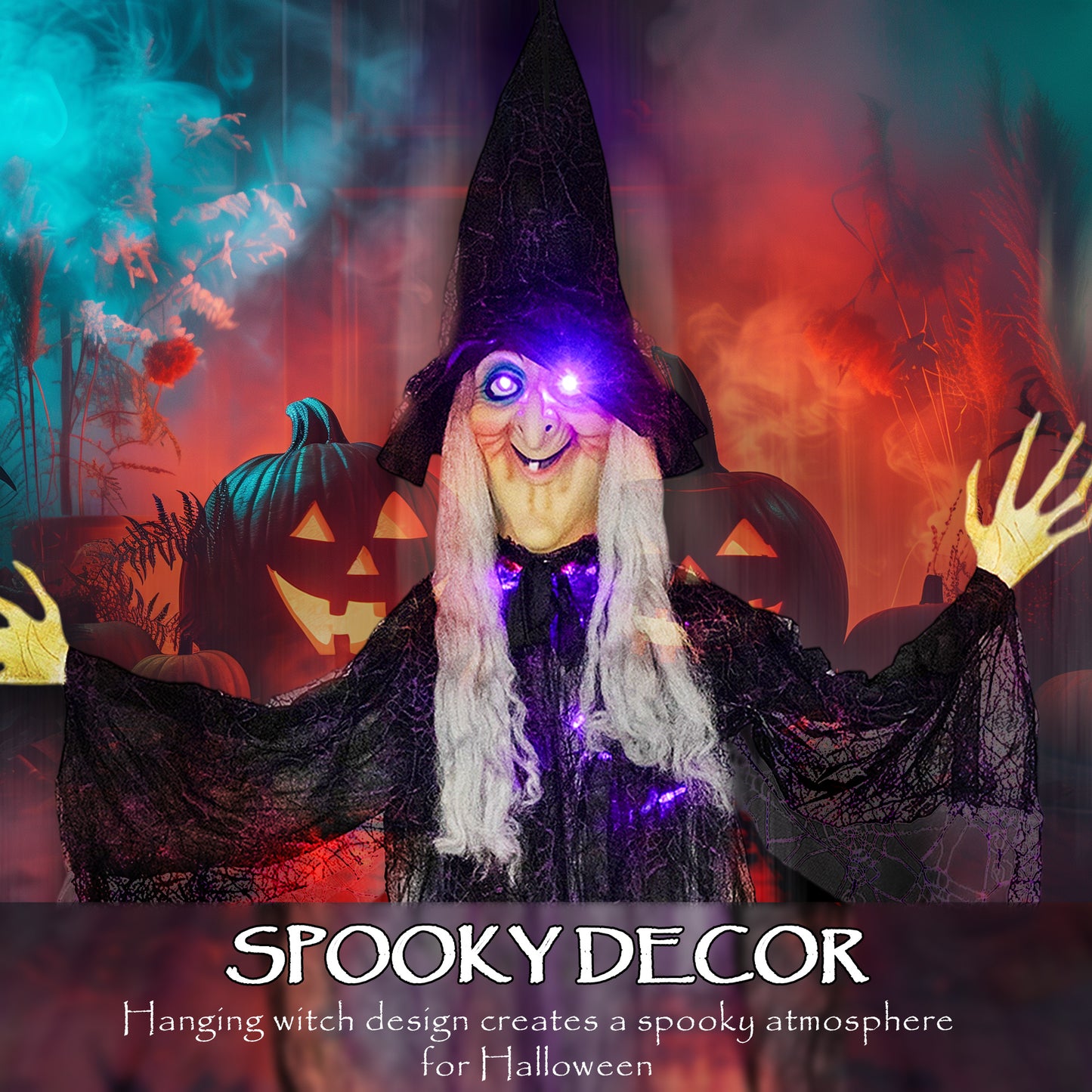 Outsunny 183 cm Life Size Halloween Animated Hanging Witch with Glowing LED Eyes & Body, Battery Operated Indoor Party Props, Spooky Decorations