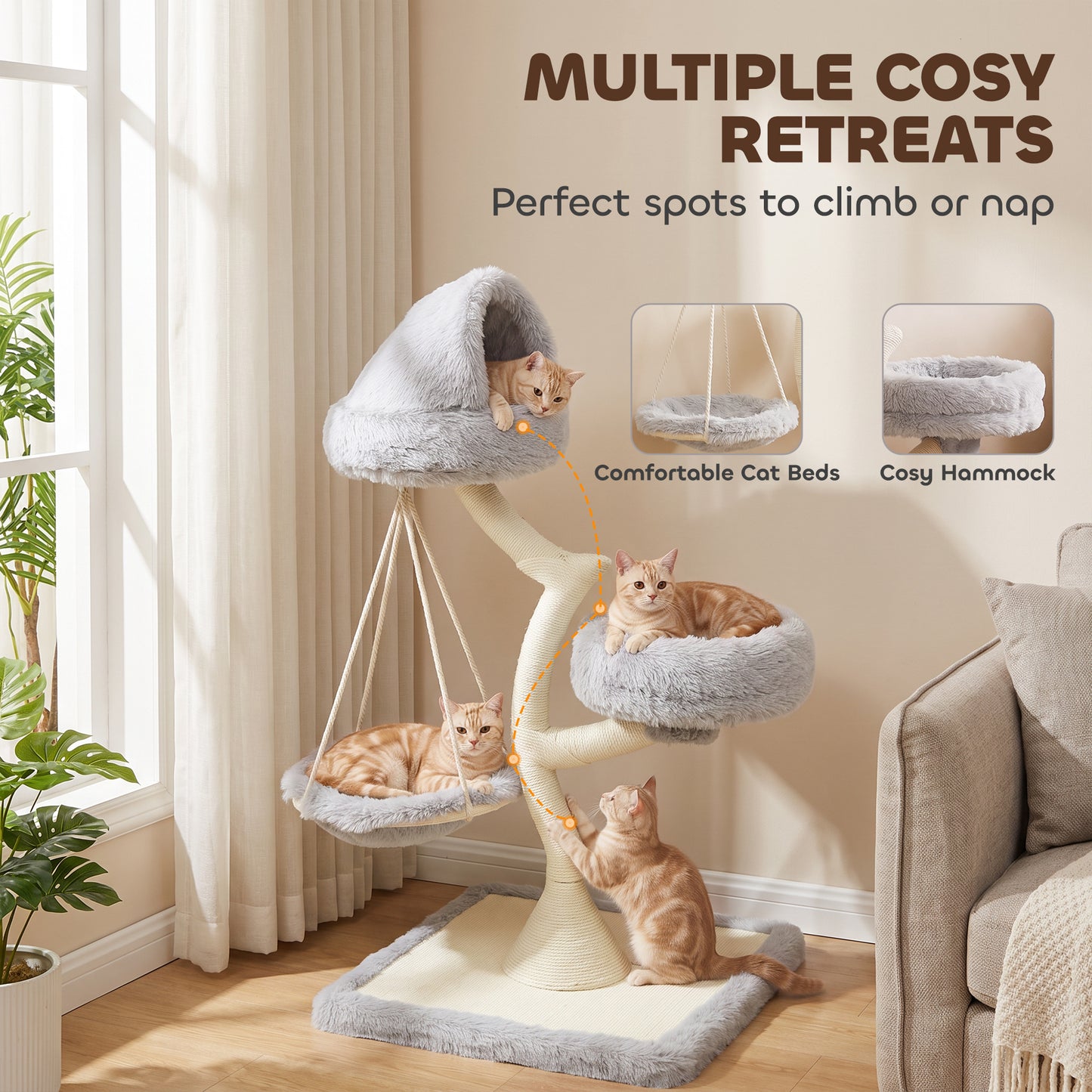 PawHut 115 cm Modern Cat Tree Tower for Large Cats with Sisal Scratching Post, Holds 1 Cat up to 6kg, Machine-Washable Beds