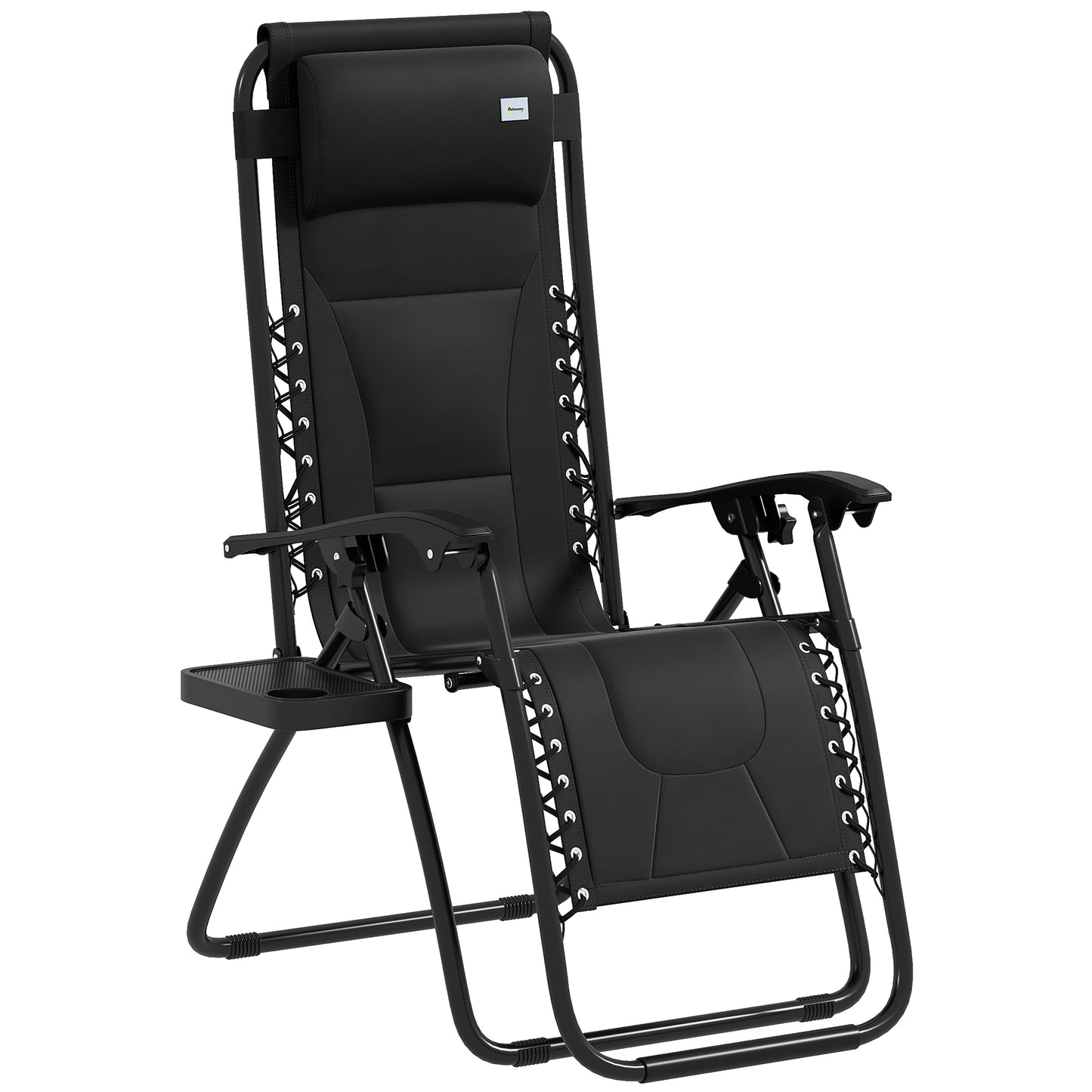 Outsunny Foldable Reclining Garden Chair, Zero Gravity Chair with Padded Seat, Cup Holder, Adjustable Backrest, Pillow for Outdoor, Patio, Deck, Black