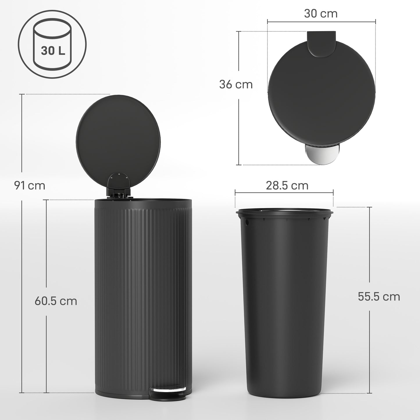 HOMCOM 30L Pedal Kitchen Bin with Soft Close Lid and Removable Inner Bucket, for Kitchen, Office, Home, Black
