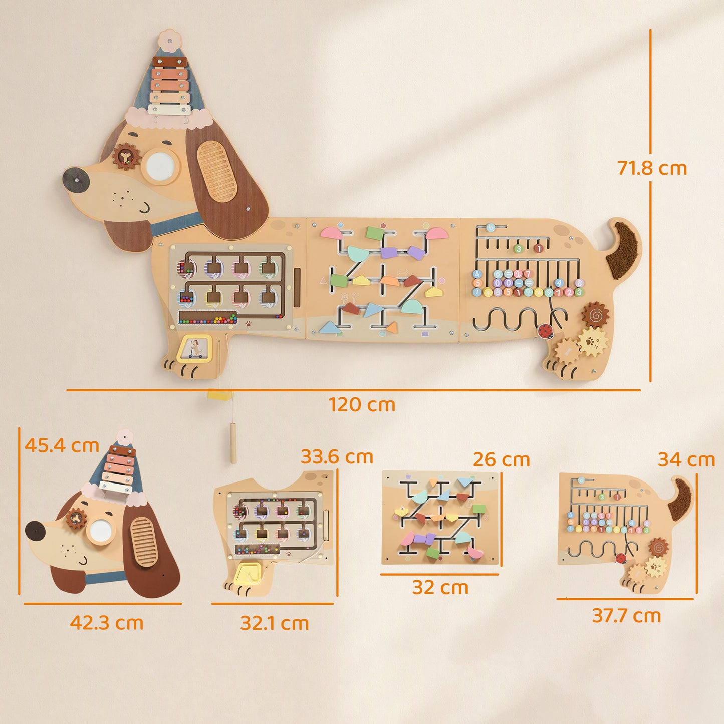 AIYAPLAY Montessori Inspired Busy Board, Wooden Dachshund Sensory Wall Panel for kids Touch, Feel & Learn, Classroom, Playroom