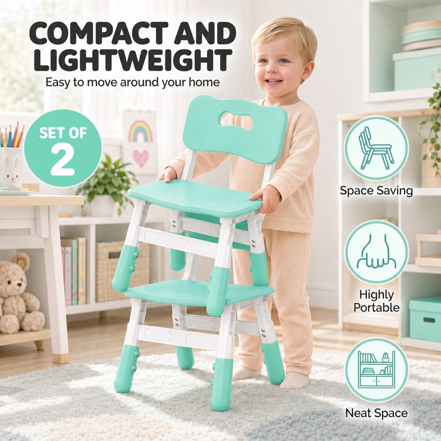AIYAPLAY 2 PCS Kids Desk Chairs, 3 Level Height Adjustable Children's Chairs with Backrest for 1.5-8 Years, Max Load 50KG, Green
