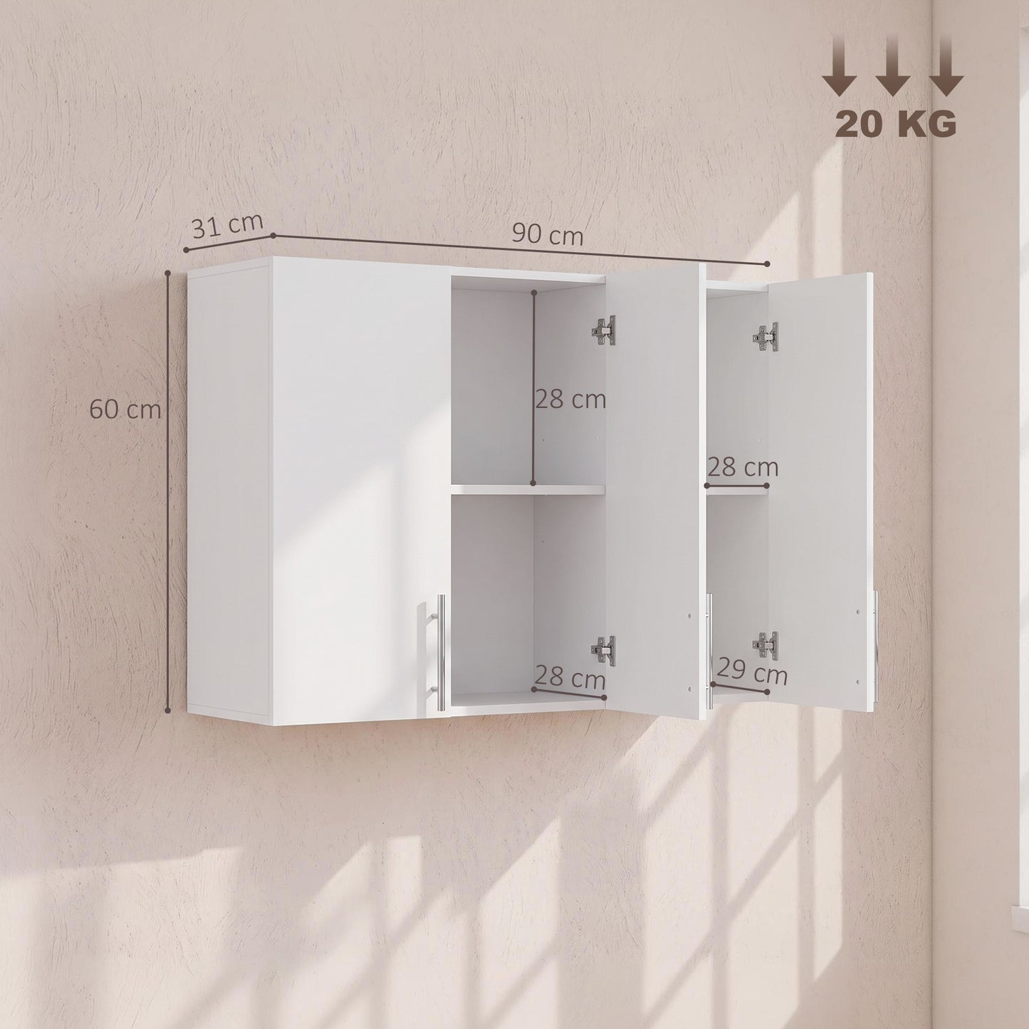 HOMCOM Bathroom Wall Cabinet, Wall-Mounted Bathroom Storage Cabinet with 3 Doors, Adjustable Shelf for Kitchen, White