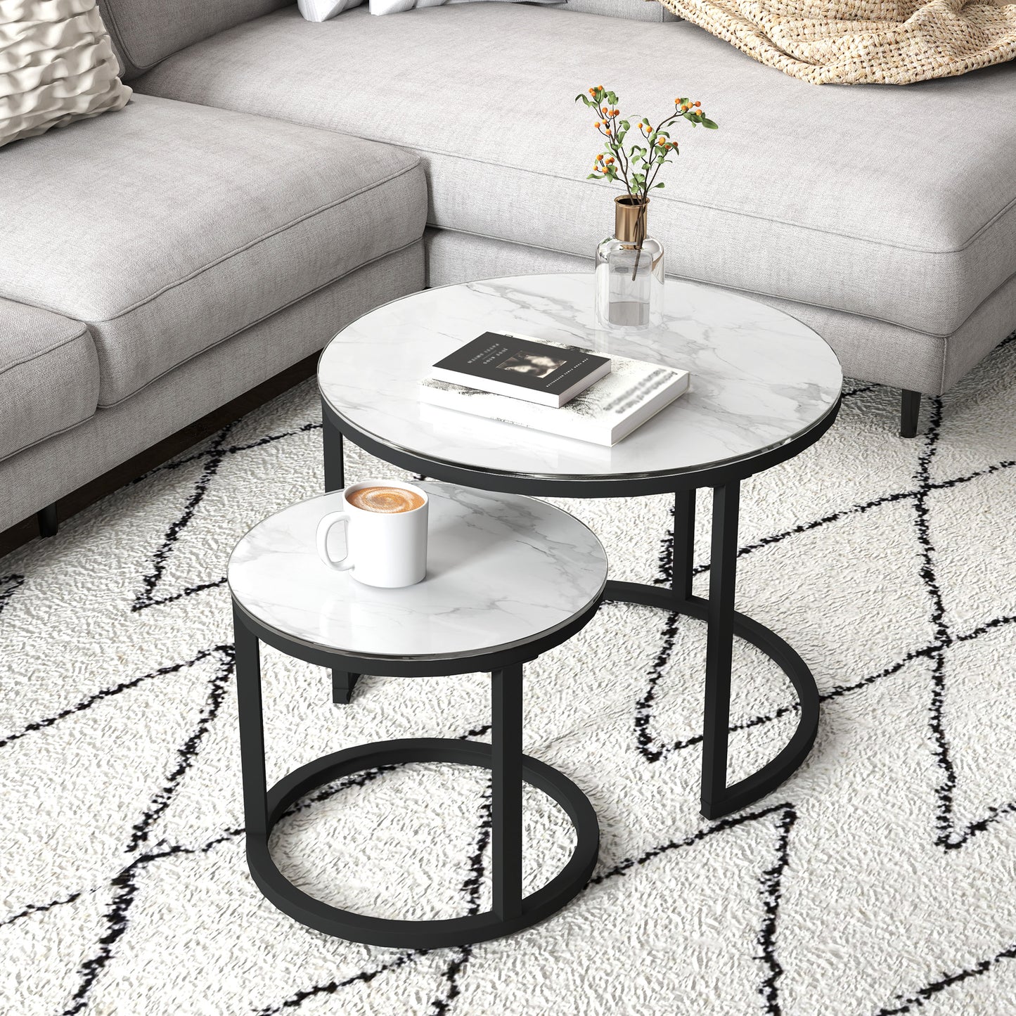 HOMCOM Glass Coffee Table Set, Round Marble-Effect Tempered Glass Top & Steel Frame, White