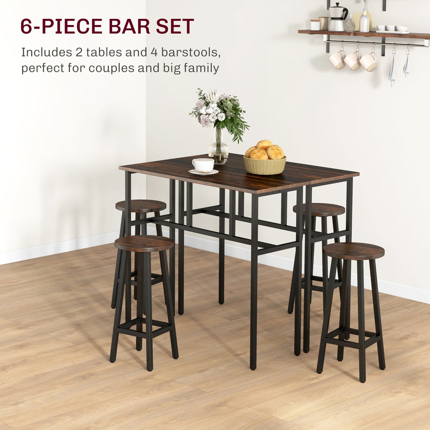 HOMCOM 6-Piece Bar Table Set 2 Breakfast Tables with 4 Stools Counter Height Dining Tables & Chairs for Kitchen Living Room Rustic Brown