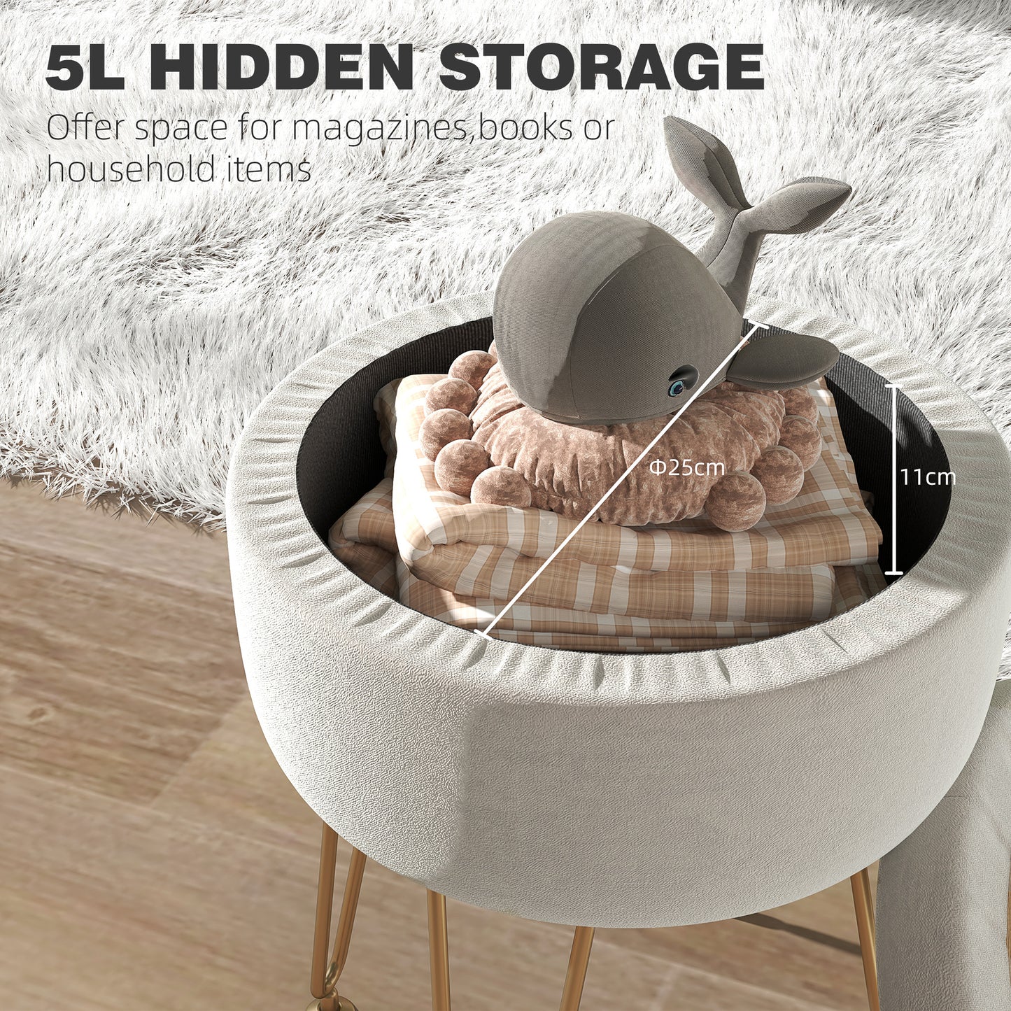 HOMCOM 5L Velvet-Feel Storage Ottoman - Cream White