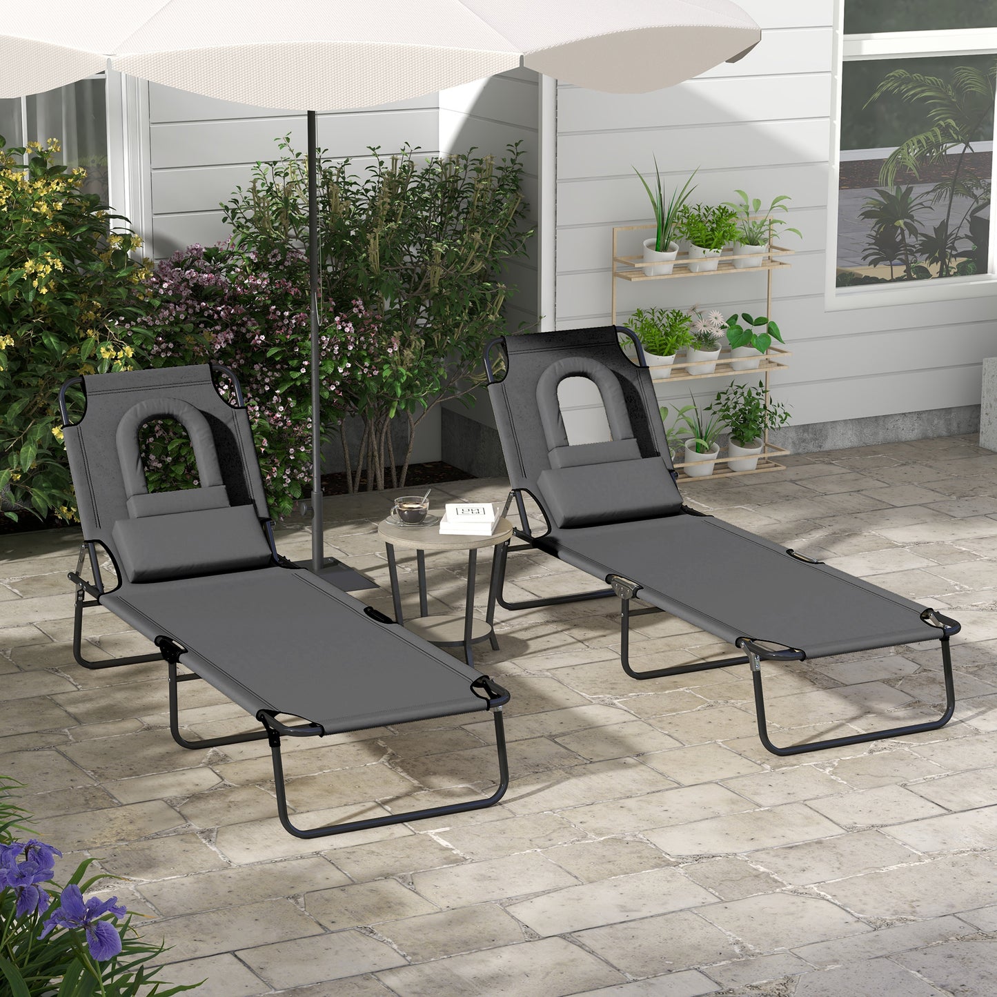 Outsunny Foldable Sun Lounger Set with Reading Hole - Dark Grey
