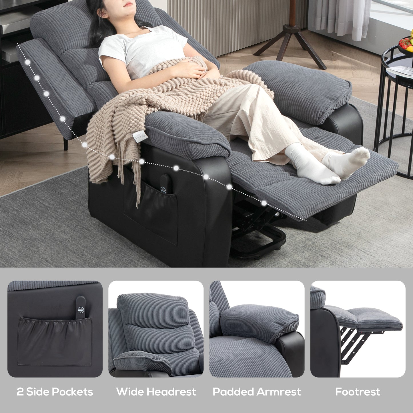 HOMCOM Power Lift Recliner Chair, Patchwork Oversized Electric Armchair, Dark Grey