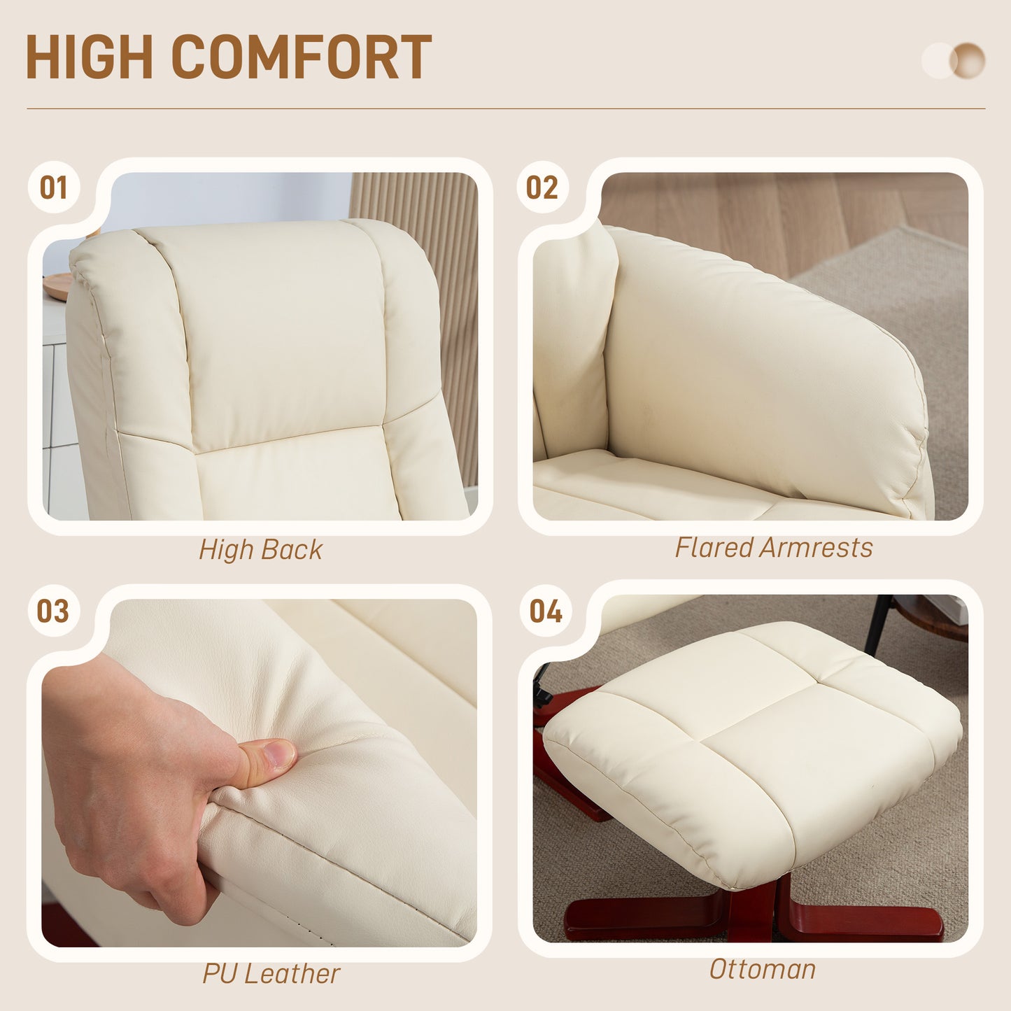 HOMCOM Rocking Recliner Chair with Footstool, PU Leather Armchair, Wood Base, Upholstered Recliner for Living Room Bedroom, Cream