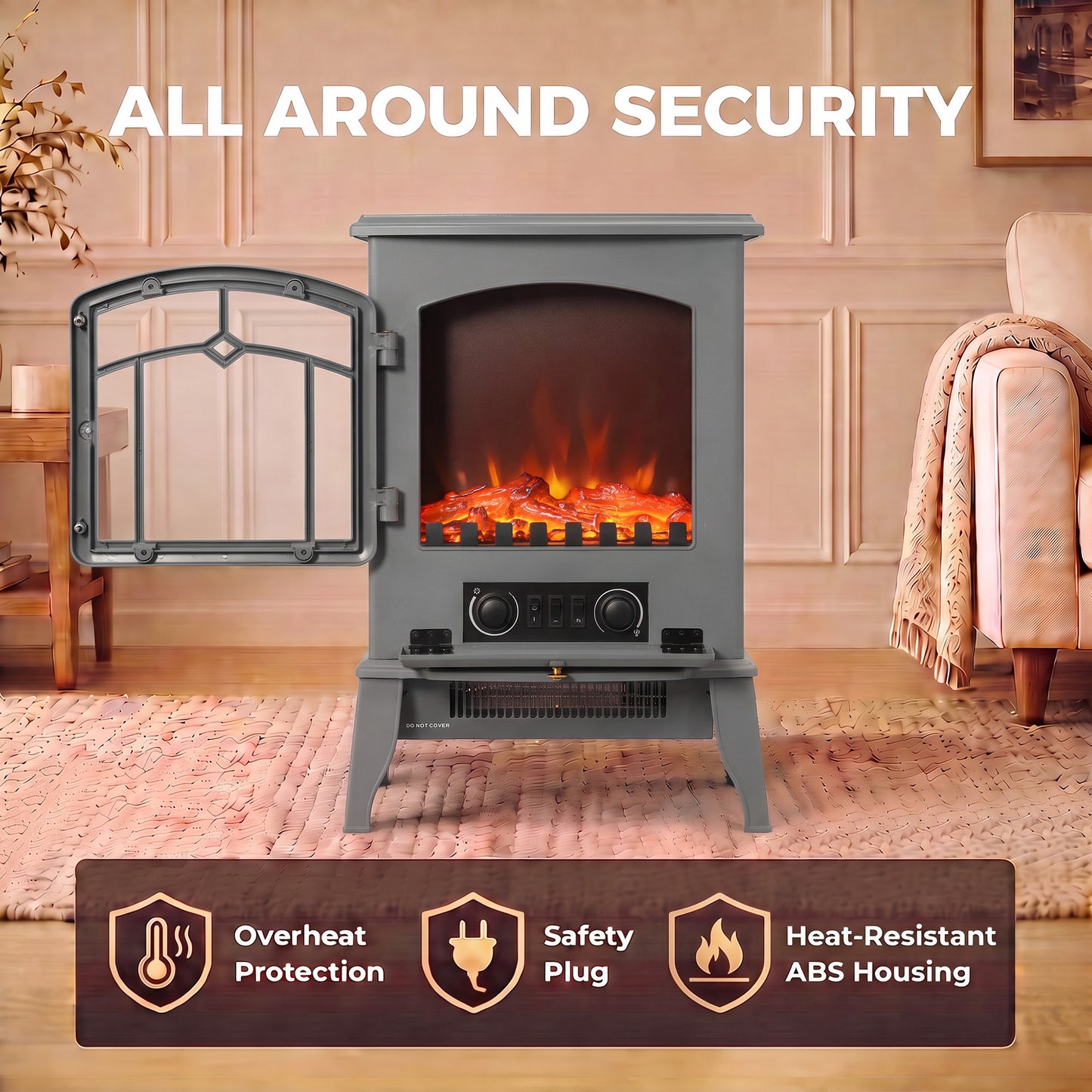 HOMCOM Electric Fireplace Stove, 1000W/2000W, Electric Fire Heater with LED Flame Effect, Adjustable Thermostat, Grey