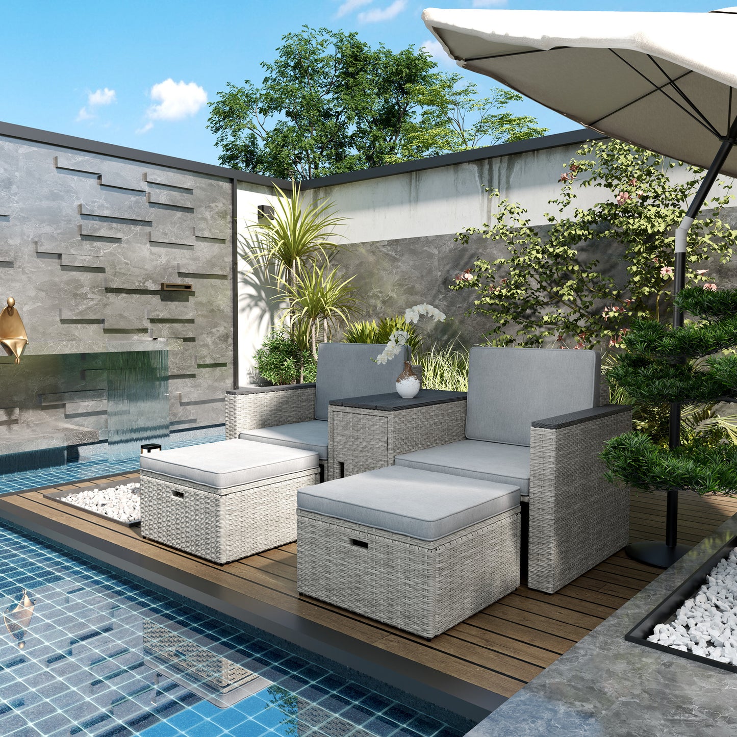 Outsunny 5 Piece Rattan Garden Furniture Set, Nesting Sofa with Footstools, WPC Storage Coffee Table & Cushions, Grey