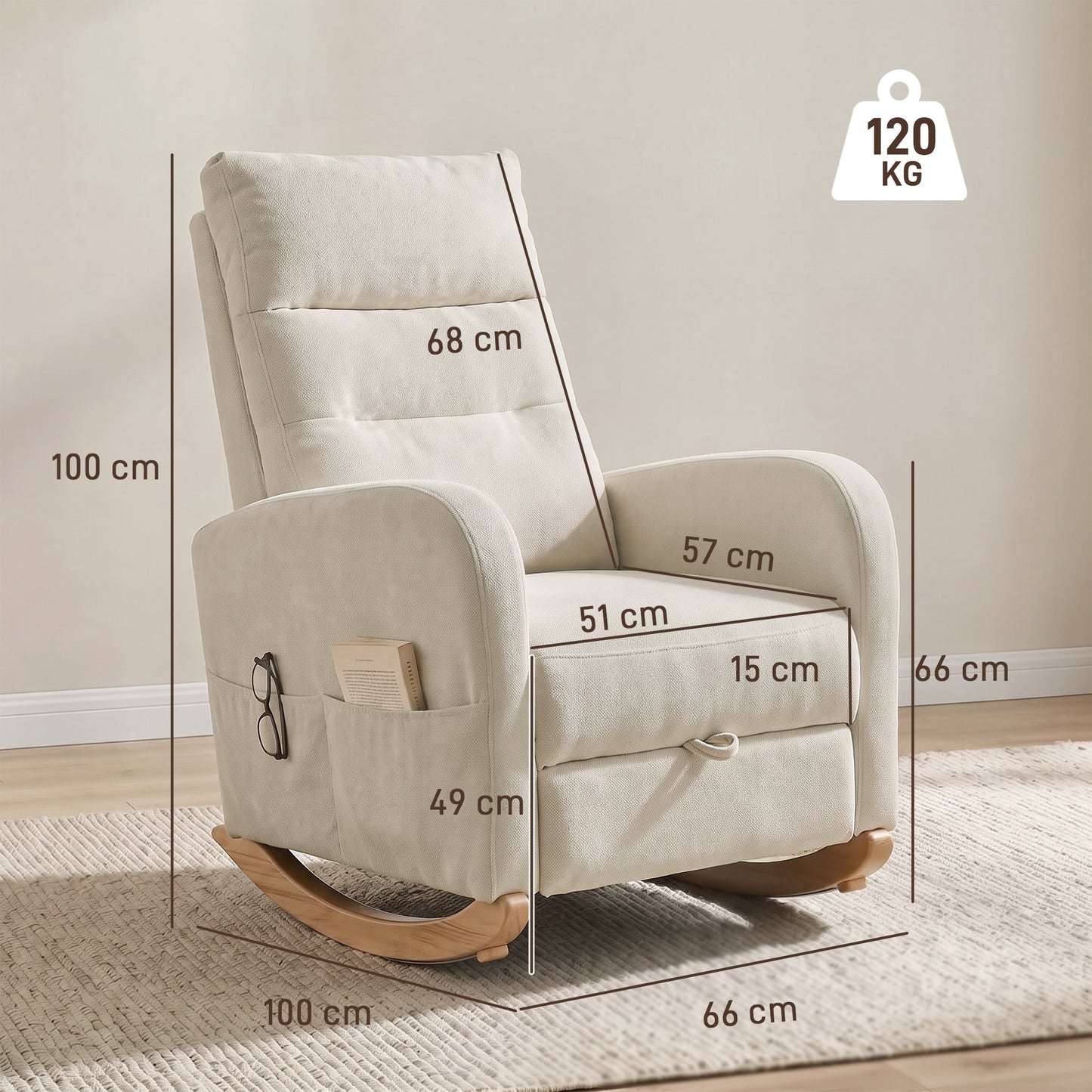 HOMCOM Upholstered Rocking Chair Retractable Footrest Rocker Chair High Back for Living Room Cream White