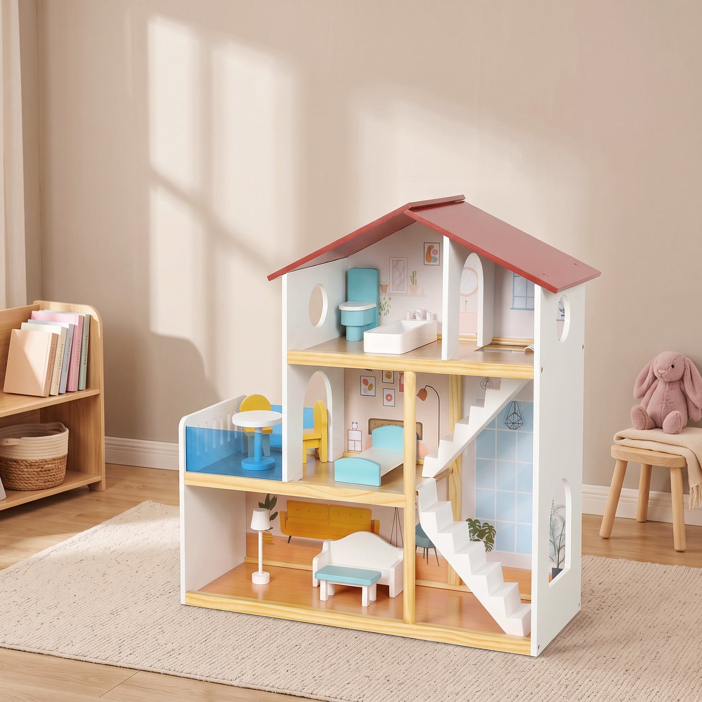 AIYAPLAY Kids Wooden Dolls House, 3-Story Dollhouse with 5 Rooms and 11 Accessories, Pretend Play Gift for Ages 3+, White