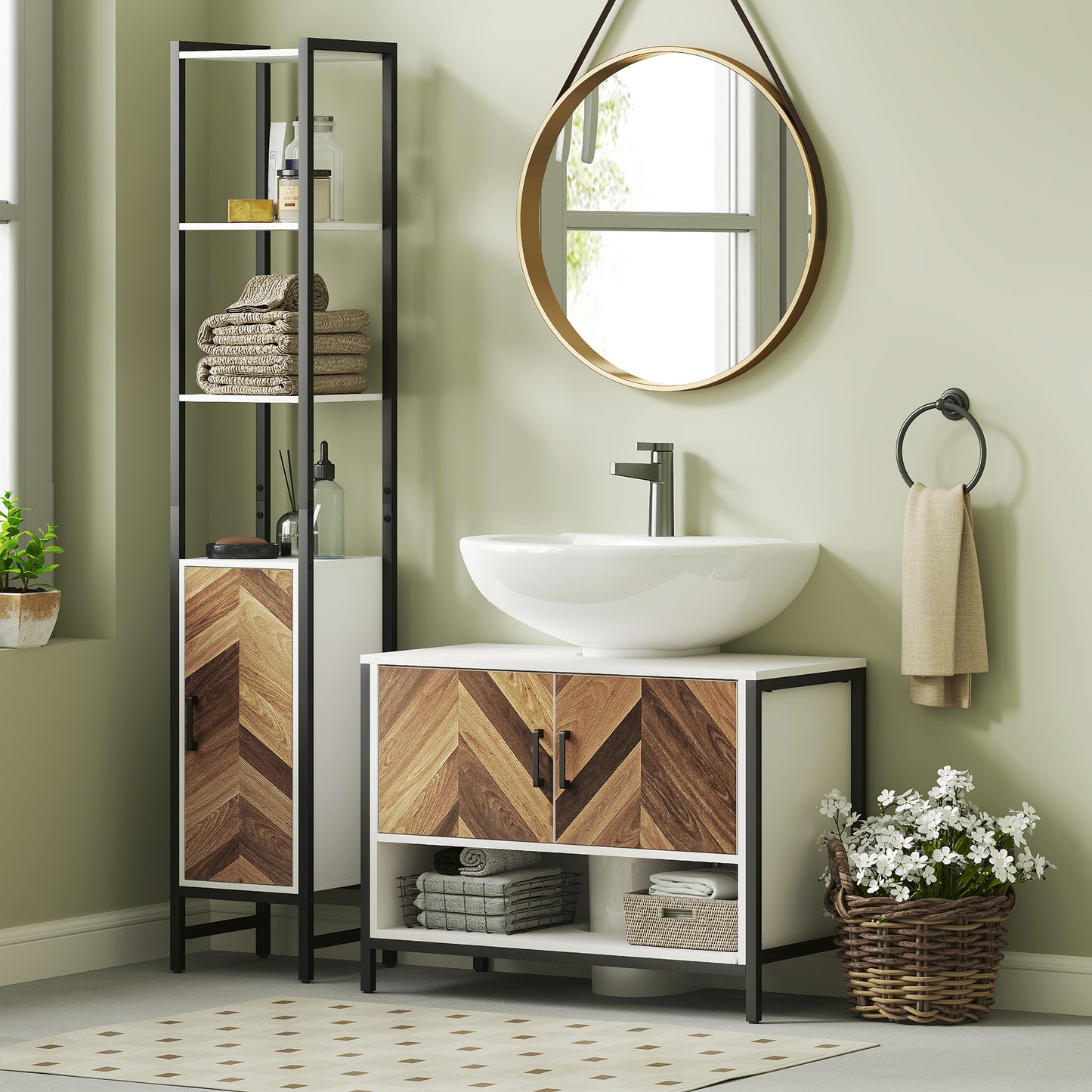 HOMCOM Under Sink Bathroom Cabinet, Rustic Herringbone Doors, 80 x 40 x 60 cm, White