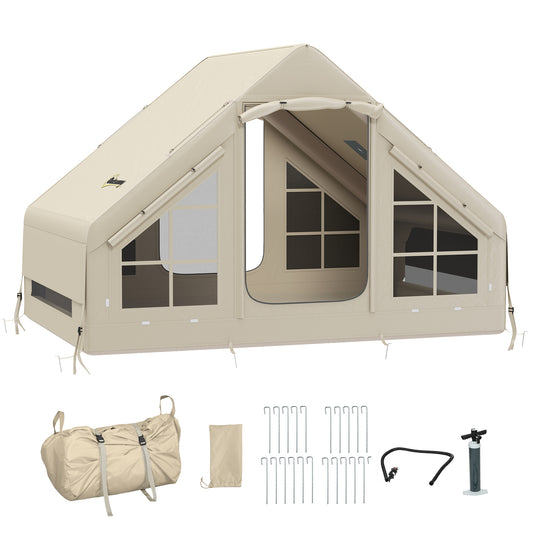 Outsunny Inflatable Camping Tent with Pump, Easy Setup for 2-4 People, Waterproof/Windproof with Mesh Windows, Doors & Carry Bag, Beige