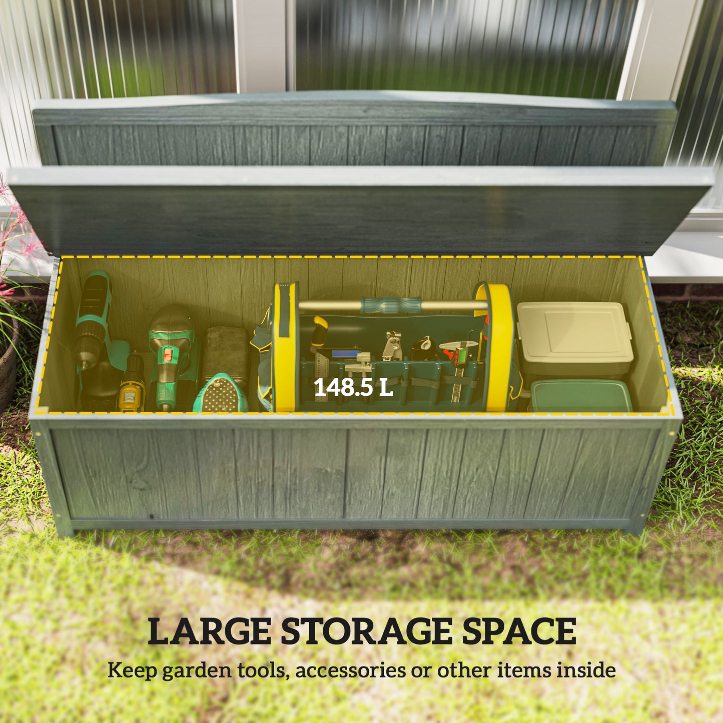 Outsunny Wood Storage Bench for Patio Furniture, Outdoor Garden Seating Tools, Grey