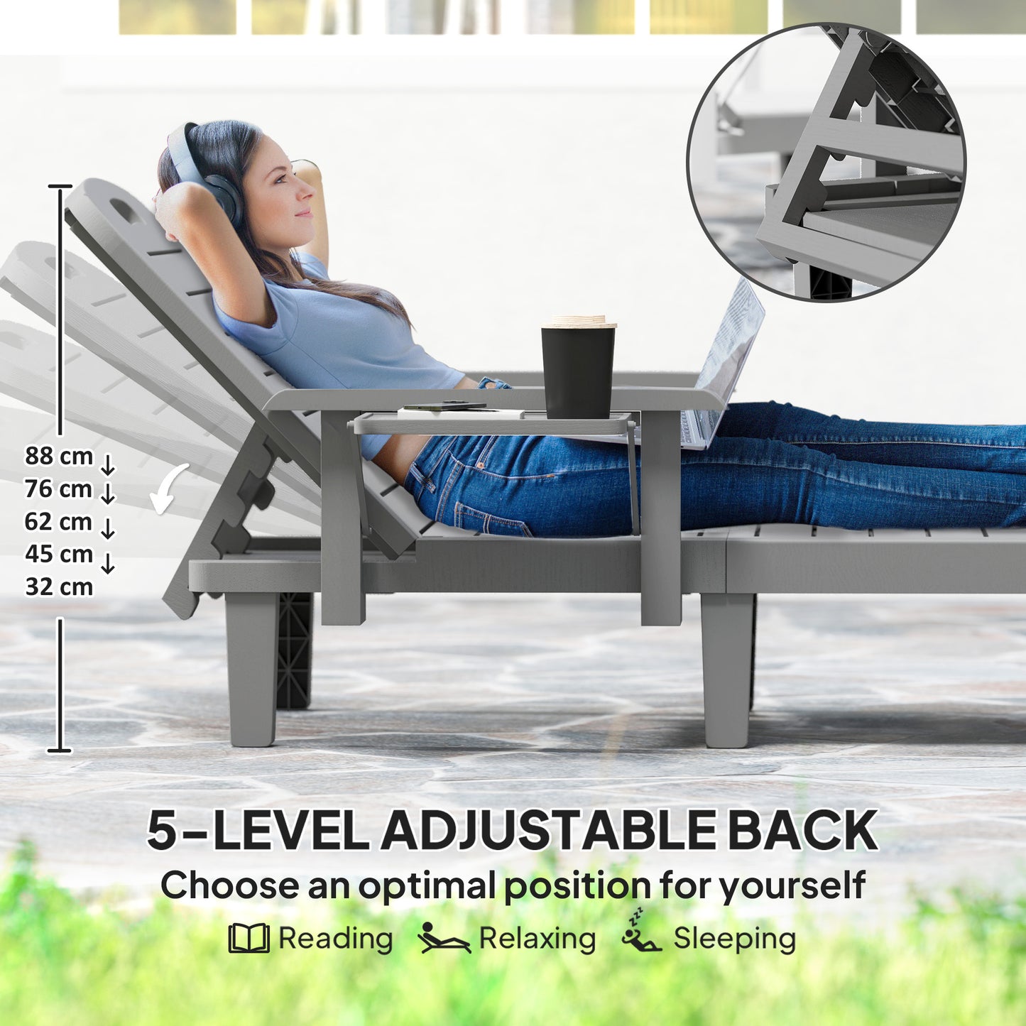 Outsunny Set of 2 Resin Reclining Sun Loungers, 5 Positions Adjustable Chaise Lounge with Armrests, Foldable Side Table, Dark Grey