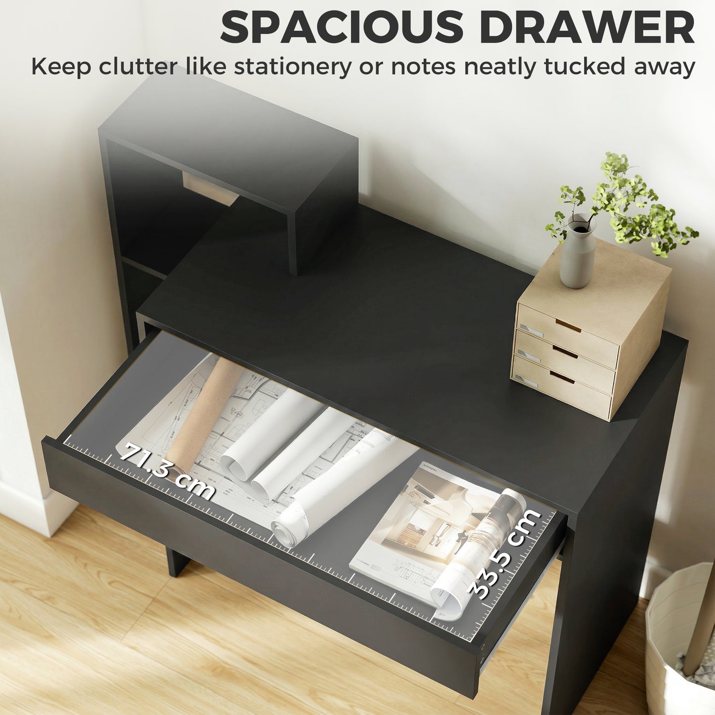 HOMCOM Desk with Storage, Computer Desk with 3 Open Shelves and Drawer, Workstation, Computer Table, Black
