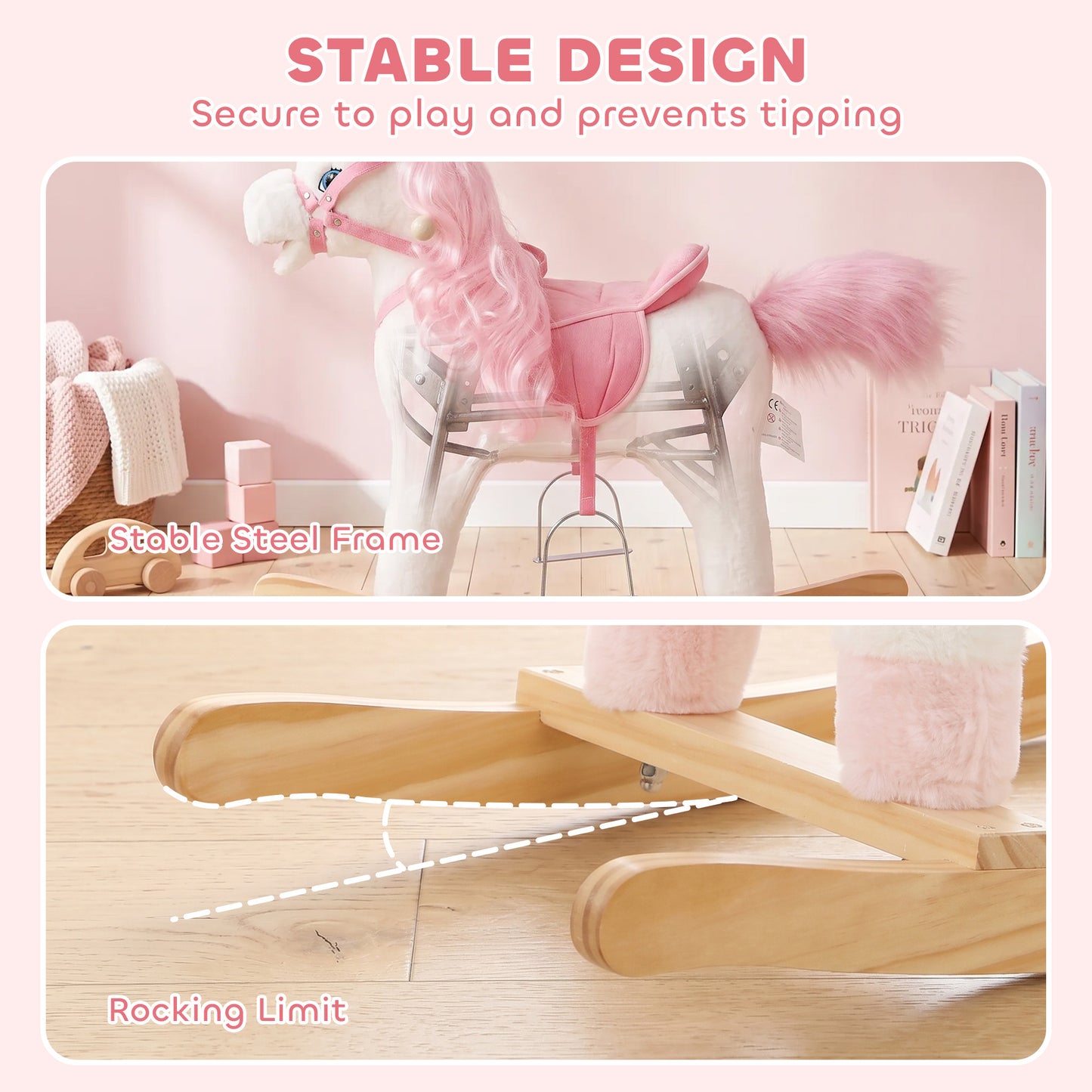 AIYAPLAY Rocking Horse, Unicorn Kids Ride on Horse with Rocking Limit, Hoofbeats, Neighing, Moving Mouth & Tail, for 1-3 Y, White