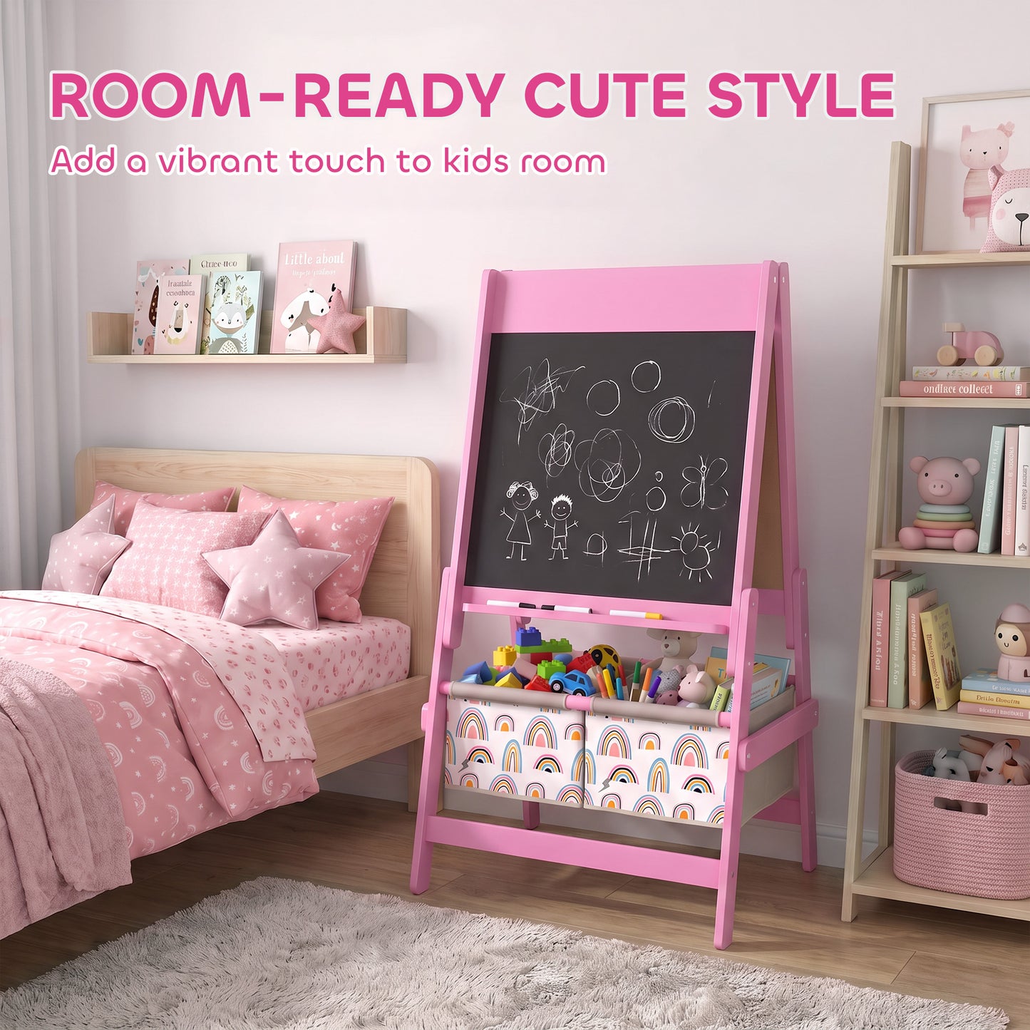 AIYAPLAY Art Easel for Kids, 3-in-1 Kids Easel with Chalkboard, Whiteboard, Paper Roll, Storage, Under-Board Shelf for 3-8, Pink