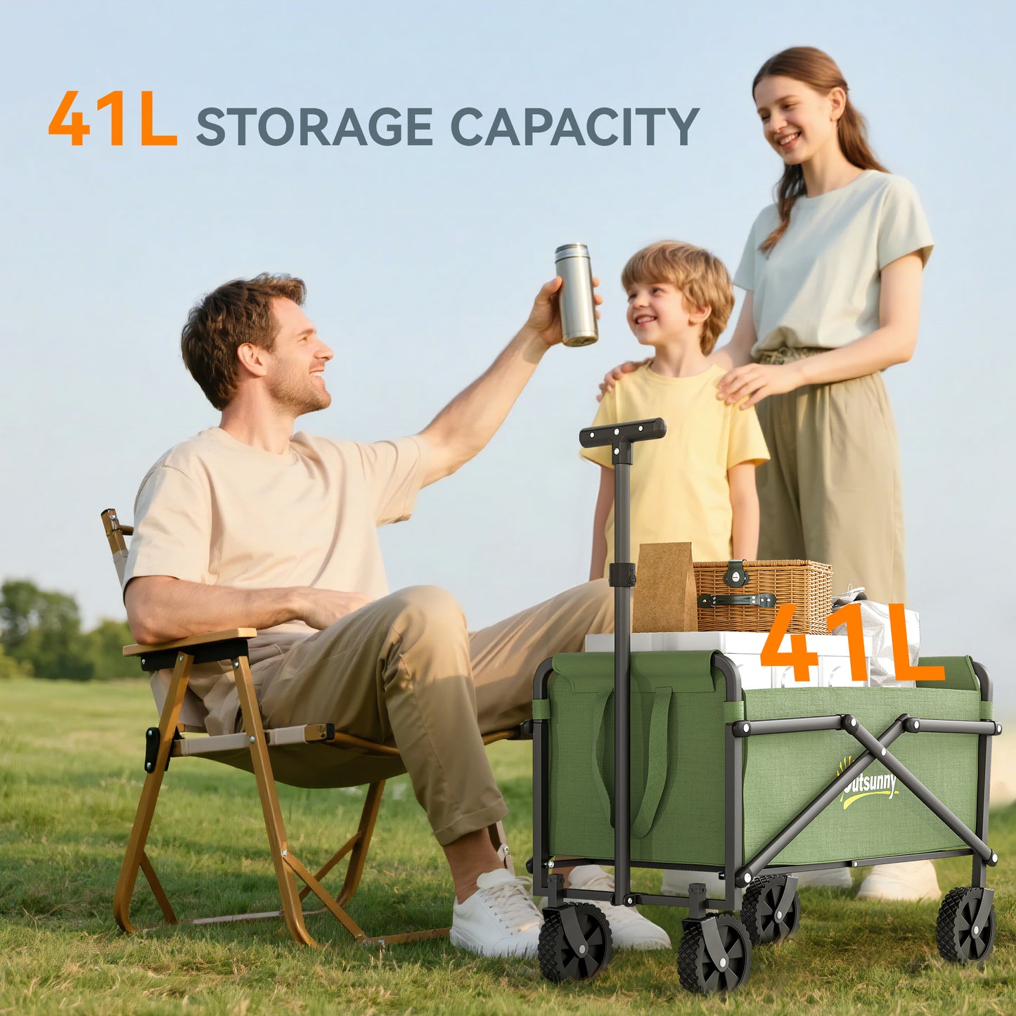 Outsunny 41L Festival Trolley on Wheels, 60kg Folding Wagon with Adjustable Handle & Carrying Bag for Beach, Camping, Festival, Green