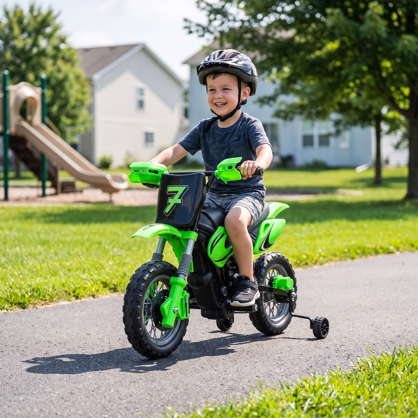 AIYAPLAY 12V Kids Electric Motorbike, Ride on Motorcycle with Dual Motors, Training Wheels, Rear Suspension for 3-6 Years, Green