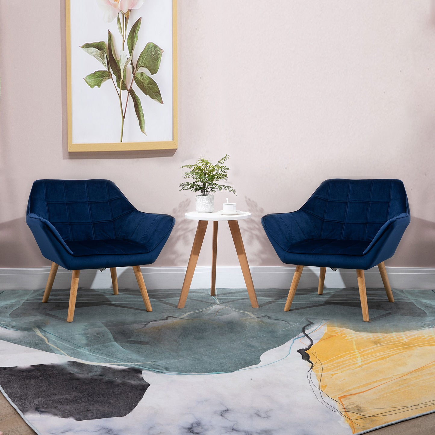 HOMCOM Armchair Accent Chair, Vanity Chair with Wide Arms, Slanted Back, Padded Metal Frame, Wooden Legs, Set of 2, Blue