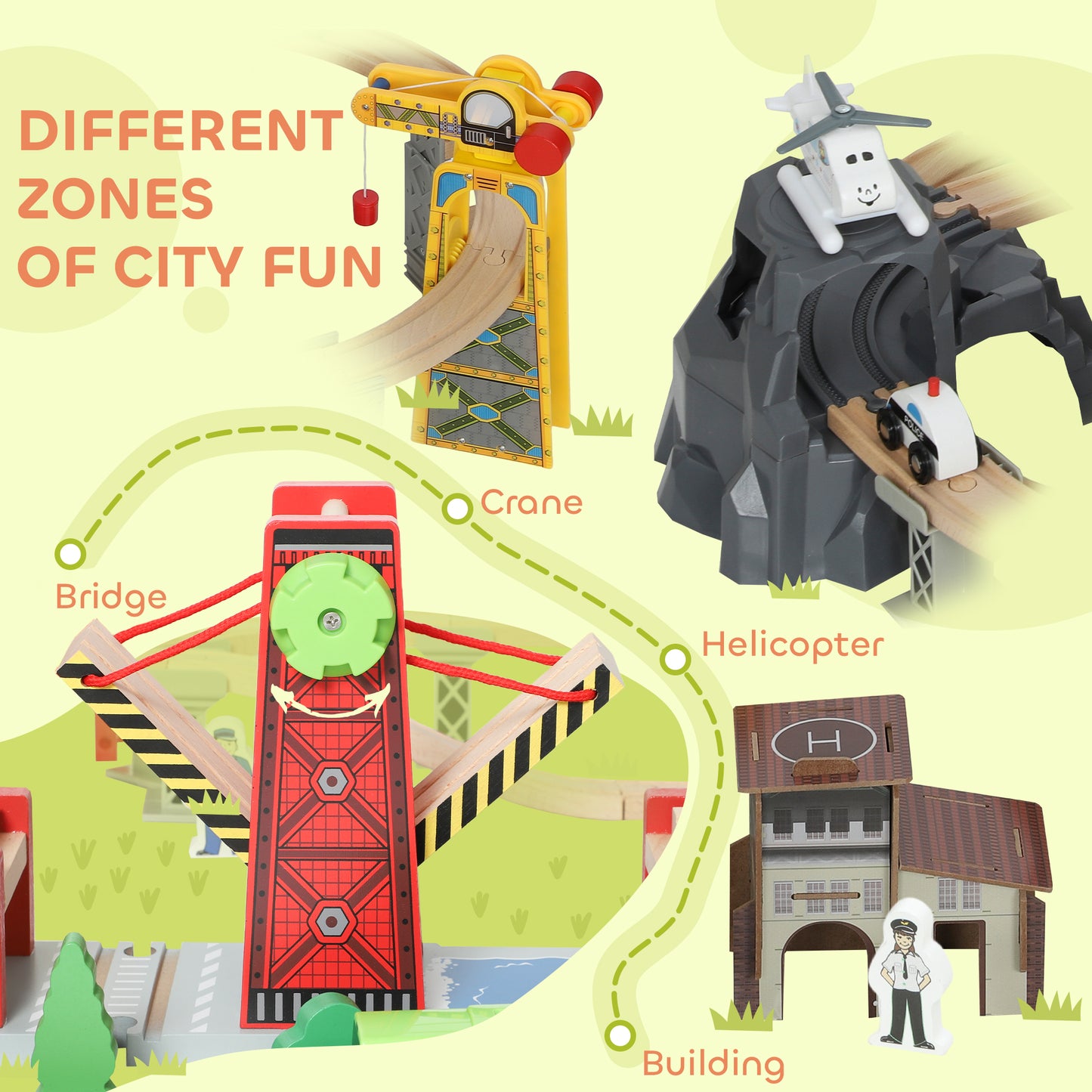 AIYAPLAY 100 Piece Wooden Train Set for Kids 3+ Years with Track, Crane, Battery Operated Train