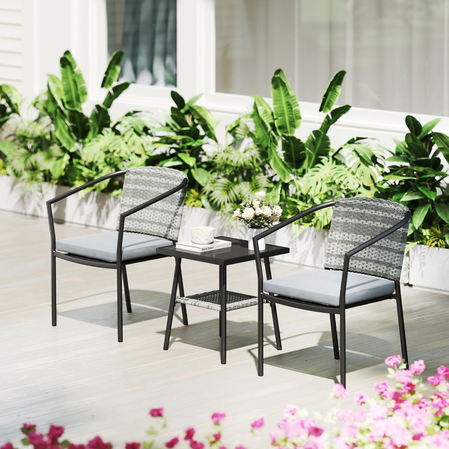 Outsunny 3-Piece Rattan Bistro Set with Cushions, Wicker Furniture, Glass Top Table & Chairs for Patio, Balcony, Terrace, Conservatory, Grey