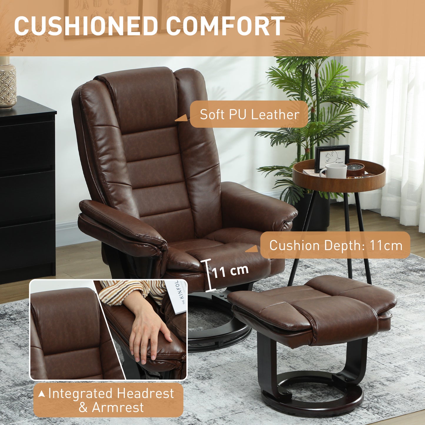 HOMCOM Faux Leather 135° Reclining Chair and Footstool - Brown