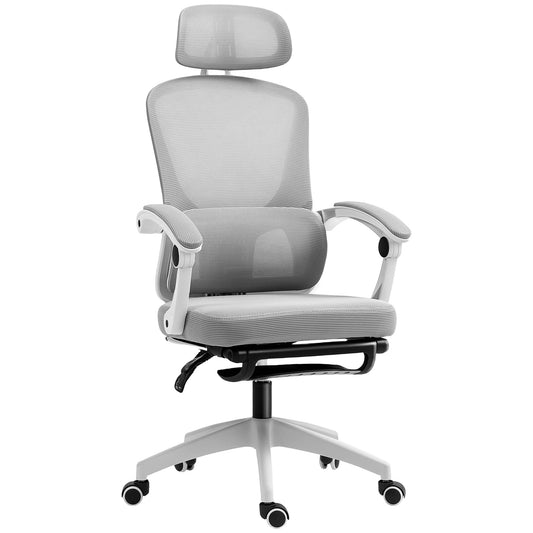 HOMCOM Ergonomic Office Chair, Mesh High Back, Adjustable Lumbar Support & Headrest, Footrest, Reclining Swivel, Home Study, Grey